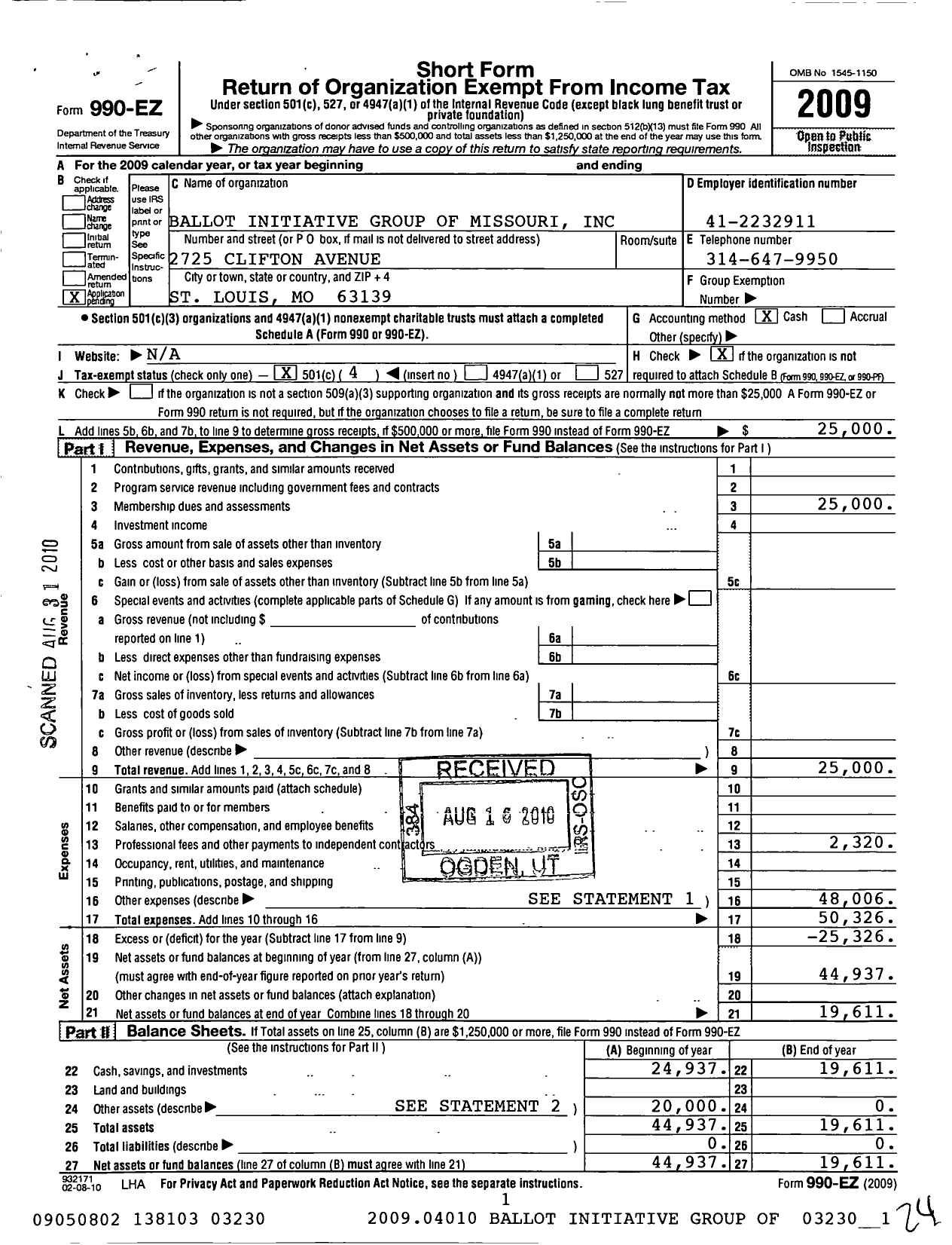 Image of first page of 2009 Form 990EO for Ballot Initiative Group of Missouri