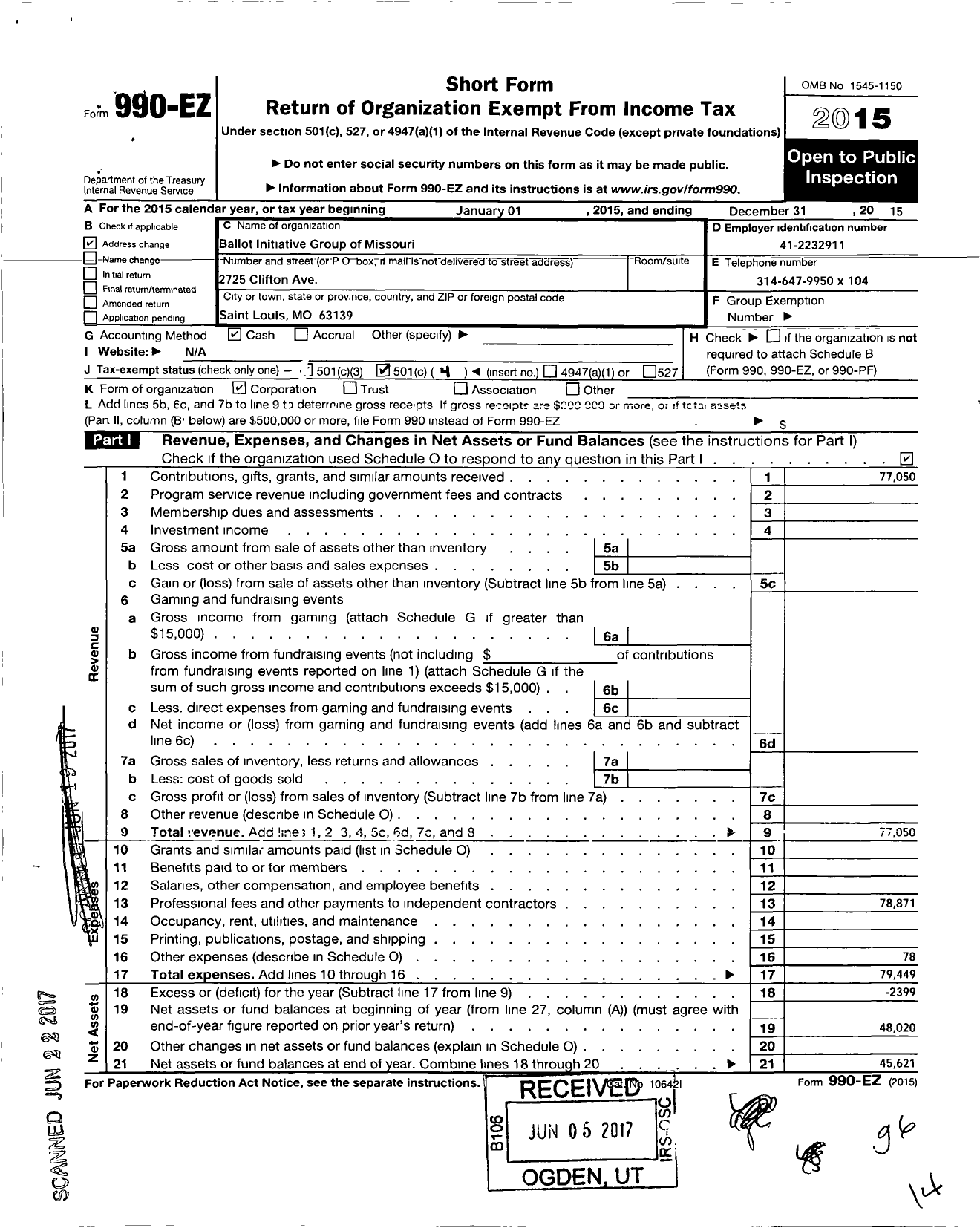 Image of first page of 2015 Form 990EO for Ballot Initiative Group of Missouri