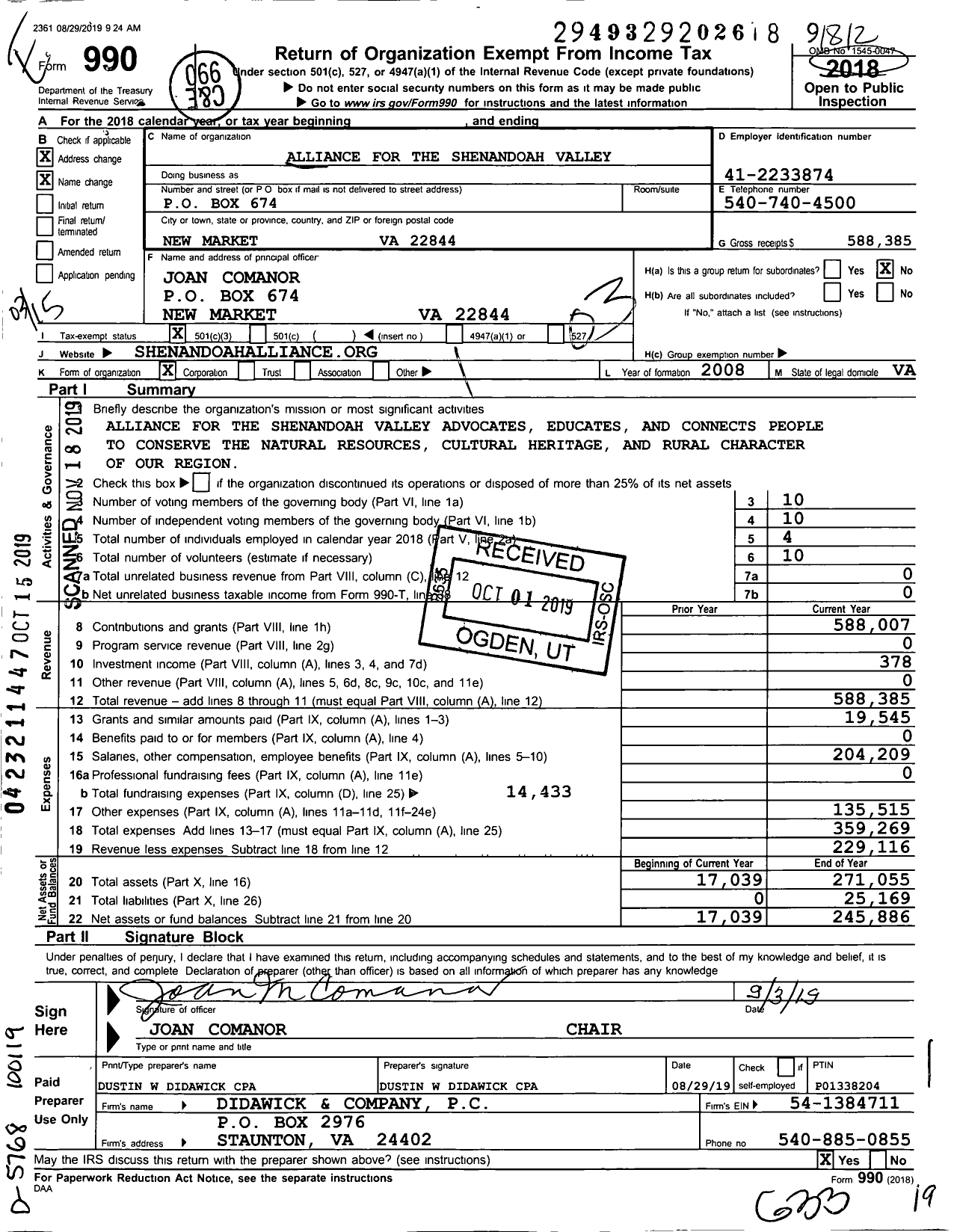 Image of first page of 2018 Form 990 for Alliance for the Shenandoah Valley