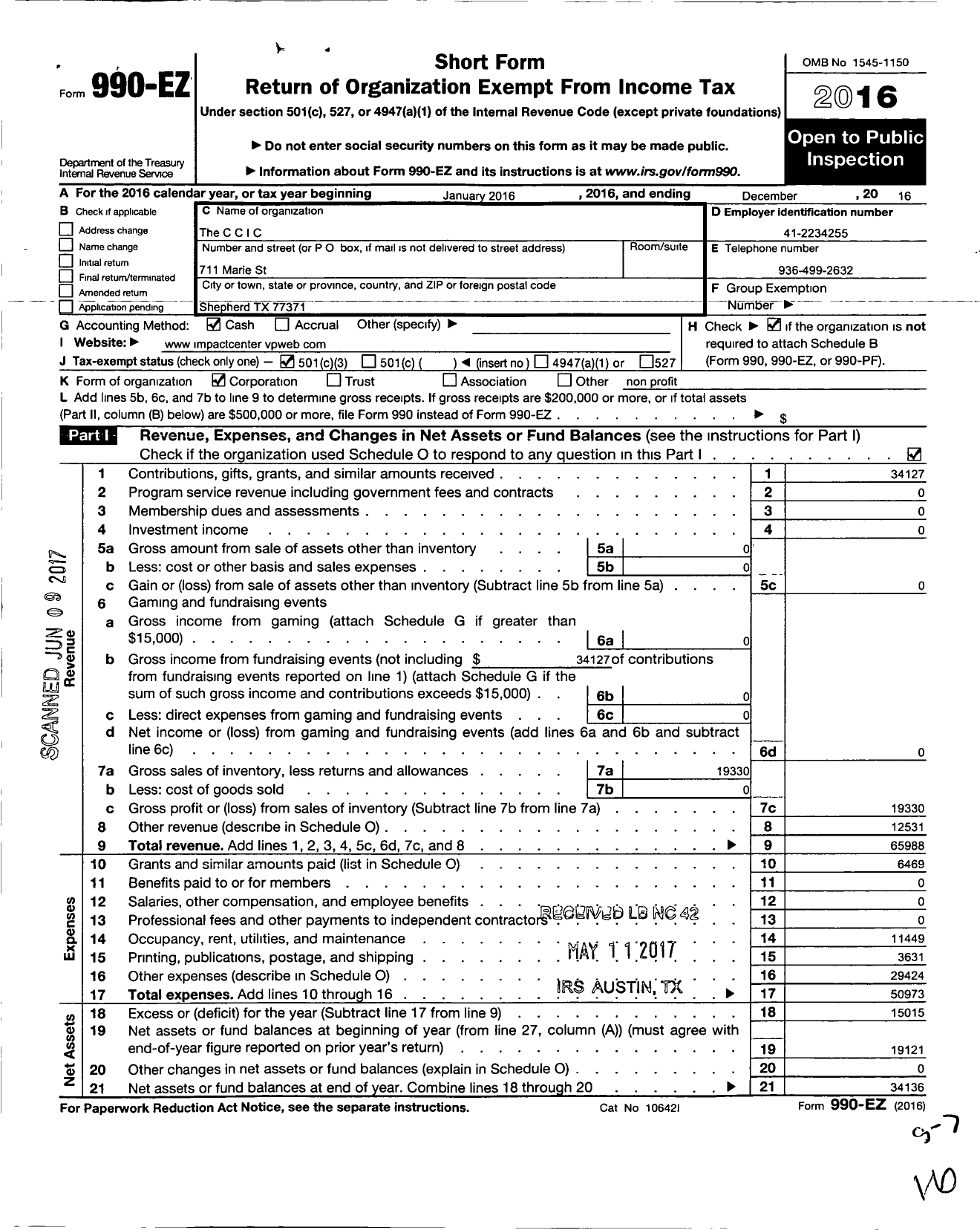 Image of first page of 2016 Form 990EZ for The C C I C