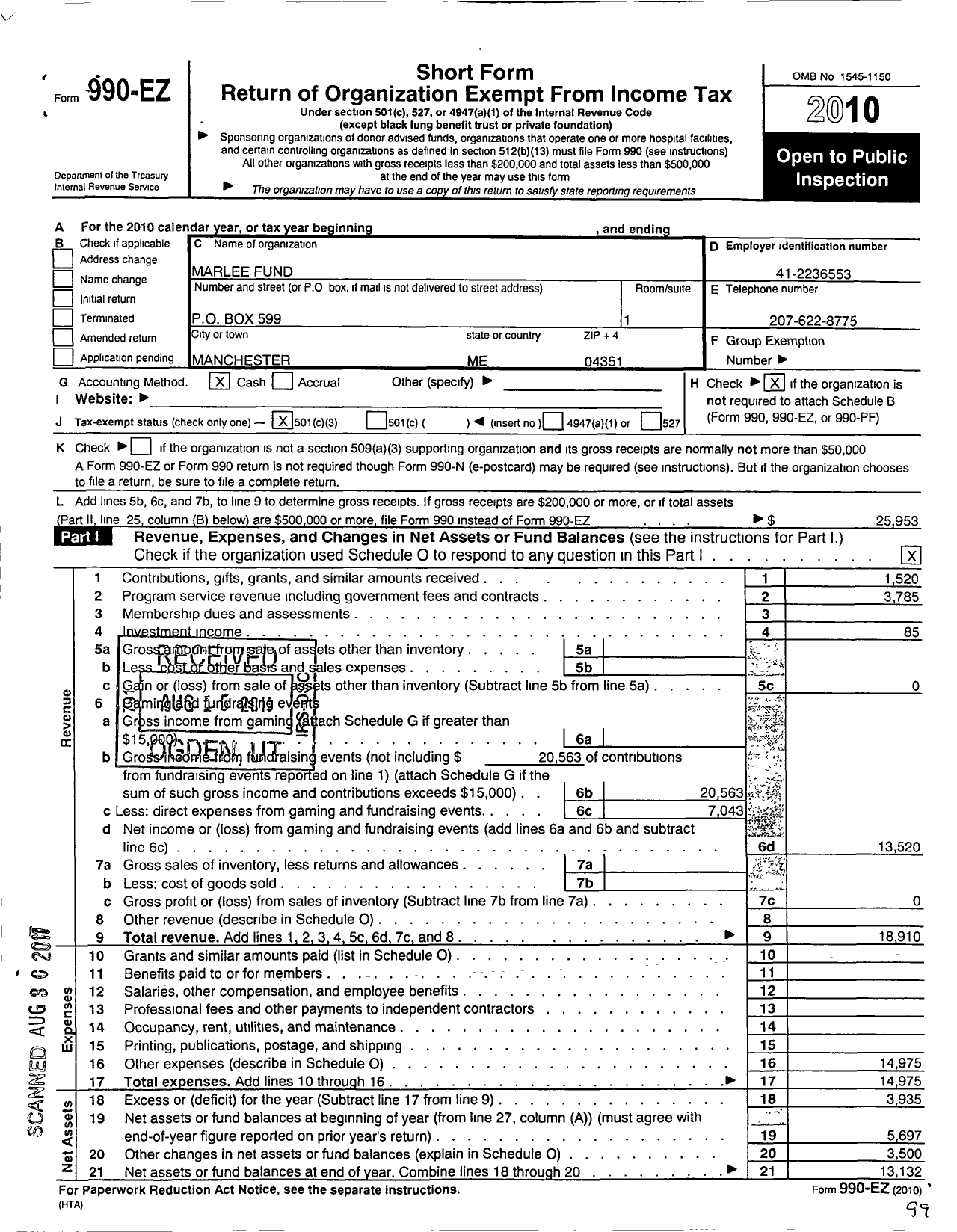 Image of first page of 2010 Form 990EZ for Marlee Fund