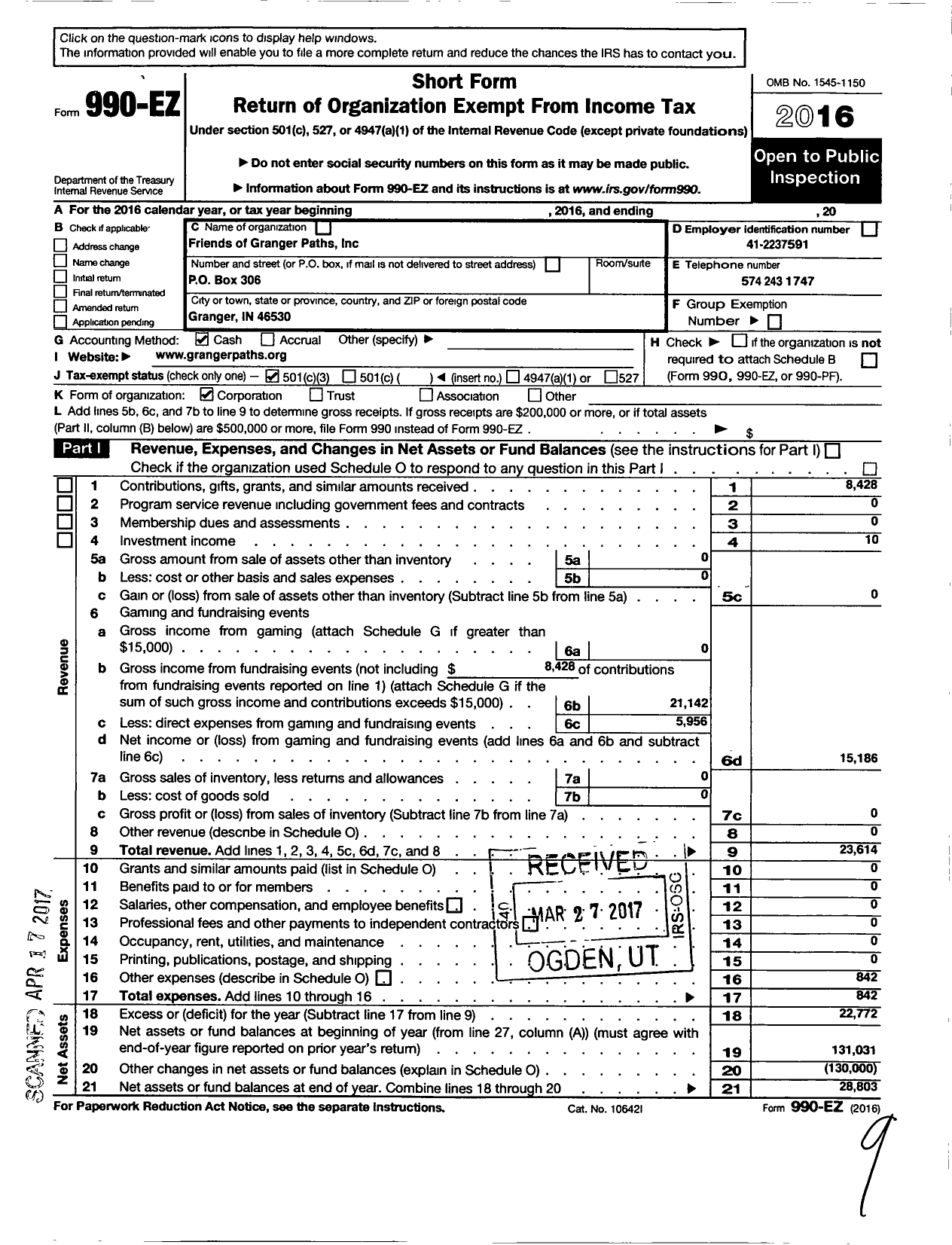 Image of first page of 2016 Form 990EZ for Friends of Granger Paths