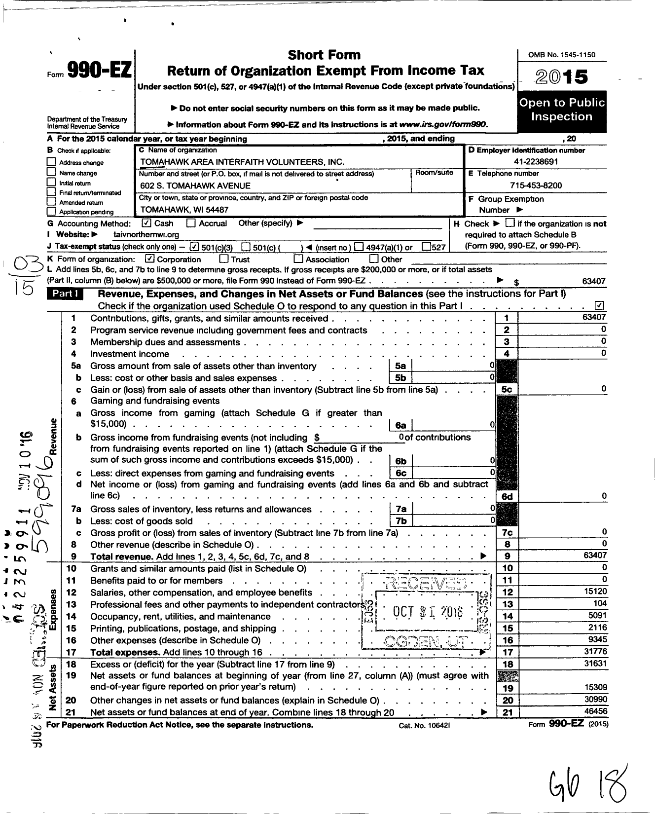 Image of first page of 2015 Form 990EZ for Tomahawk Area Interfaith Volunteers