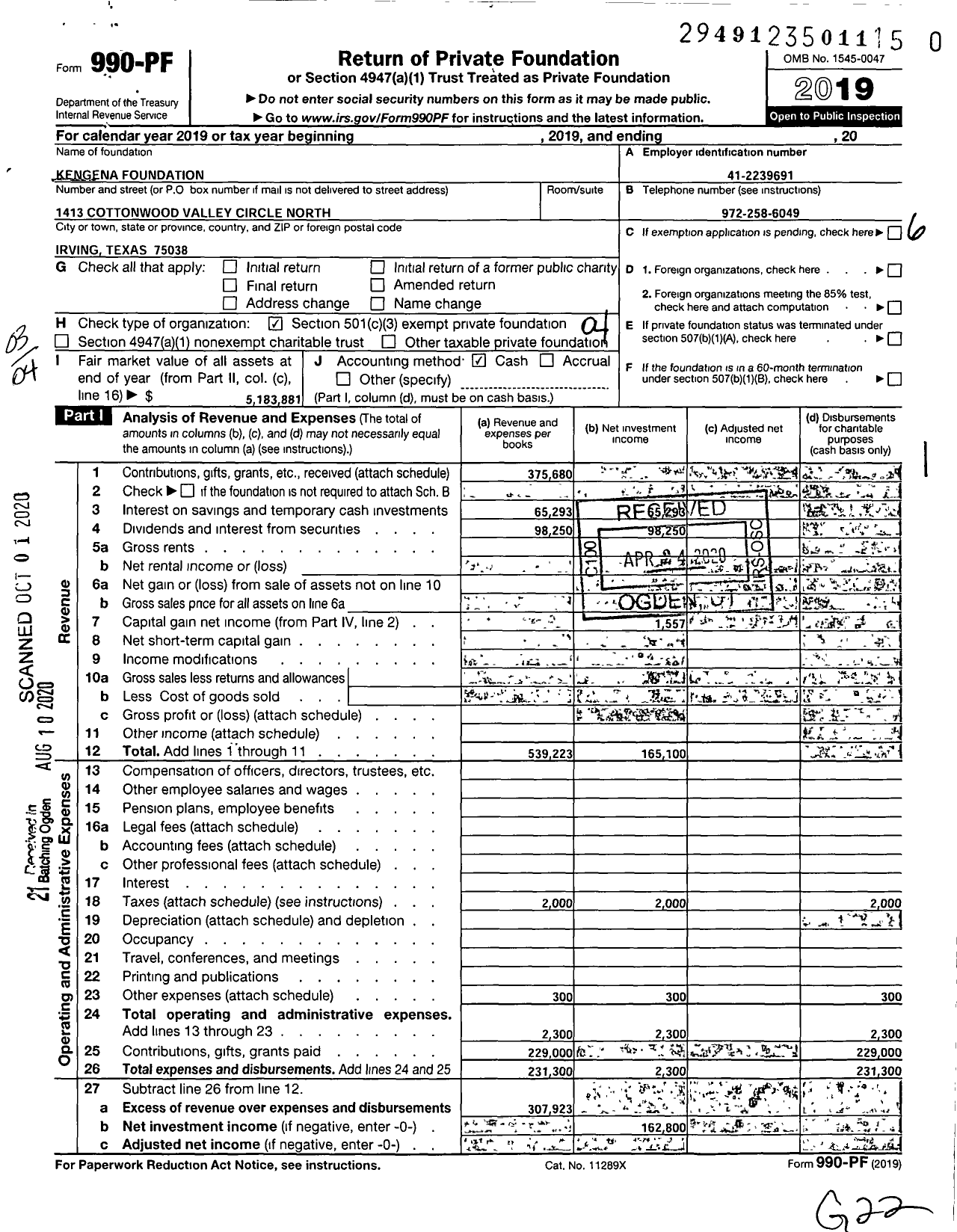 Image of first page of 2019 Form 990PR for Kengena Foundation