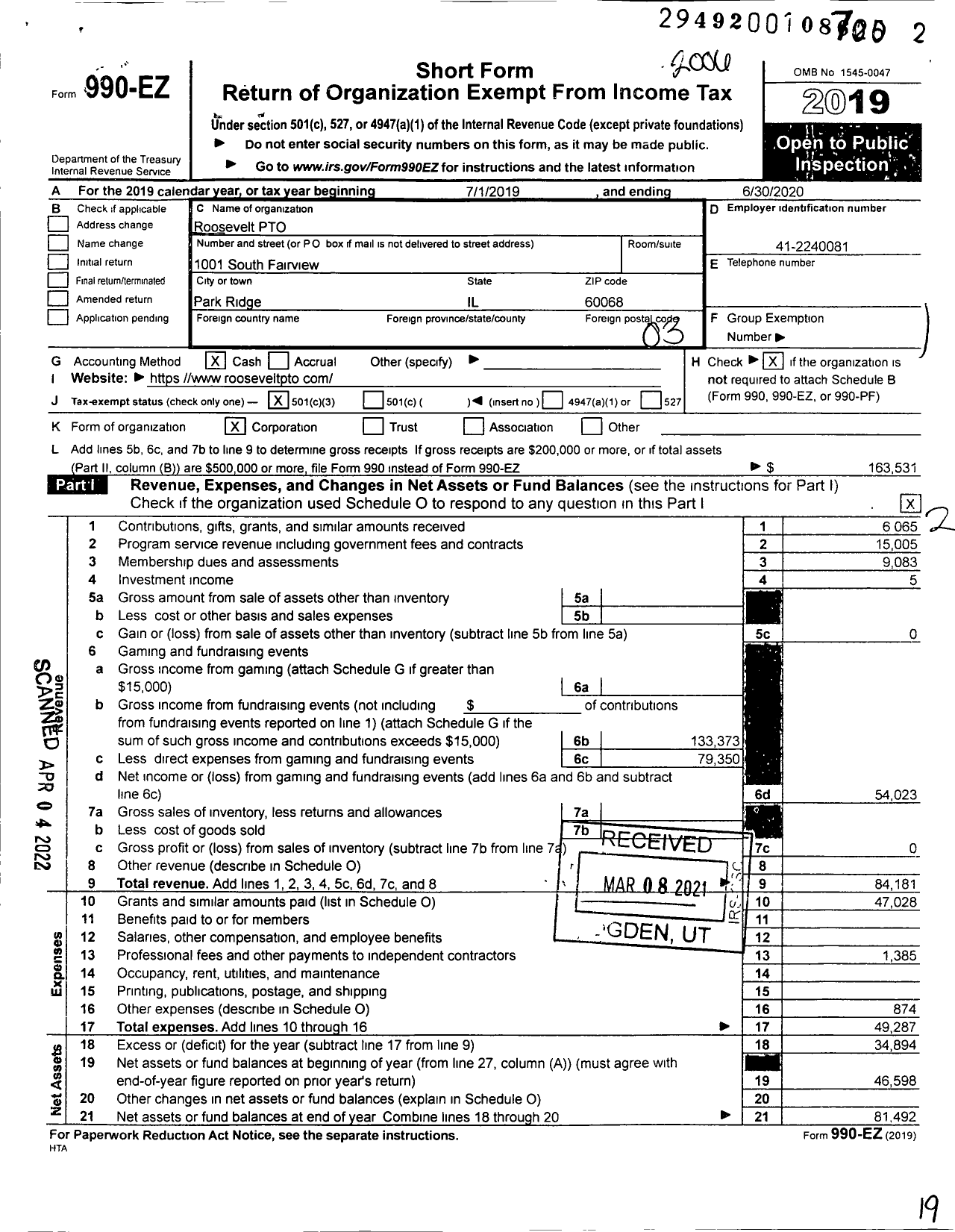 Image of first page of 2019 Form 990EZ for Roosevelt PTO