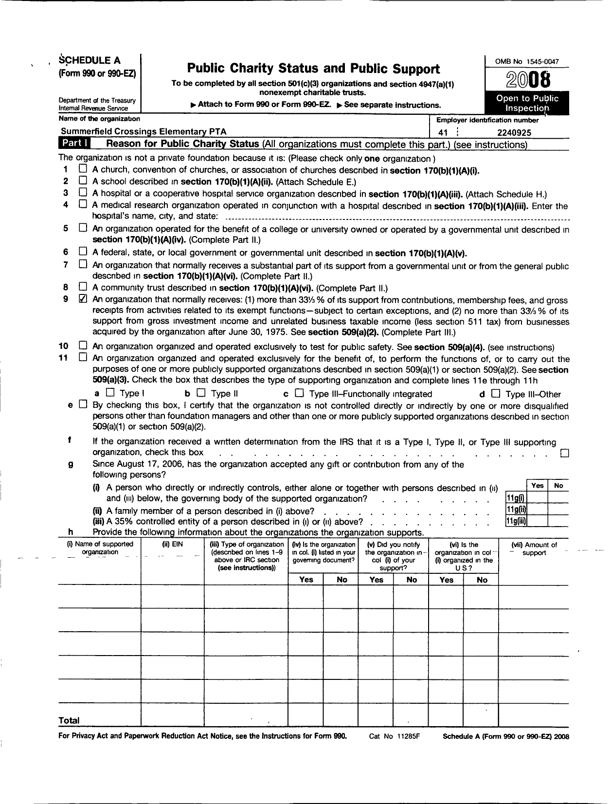 Image of first page of 2008 Form 990ER for PTA Florida Congress - Summerfield Crossings Elementry PTA