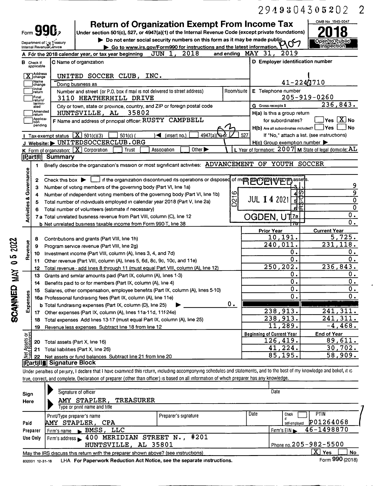 Image of first page of 2018 Form 990 for United Soccer Club