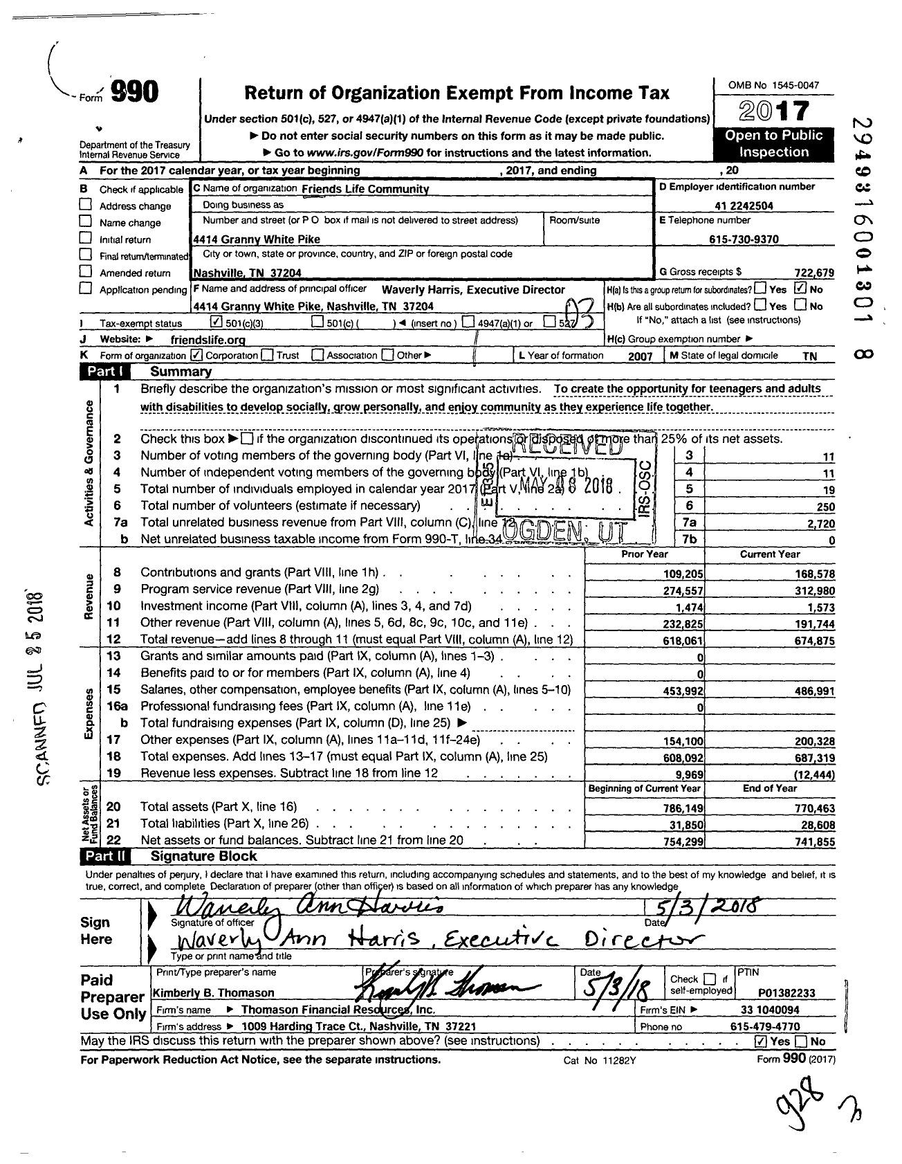 Image of first page of 2017 Form 990 for Friends Life Community