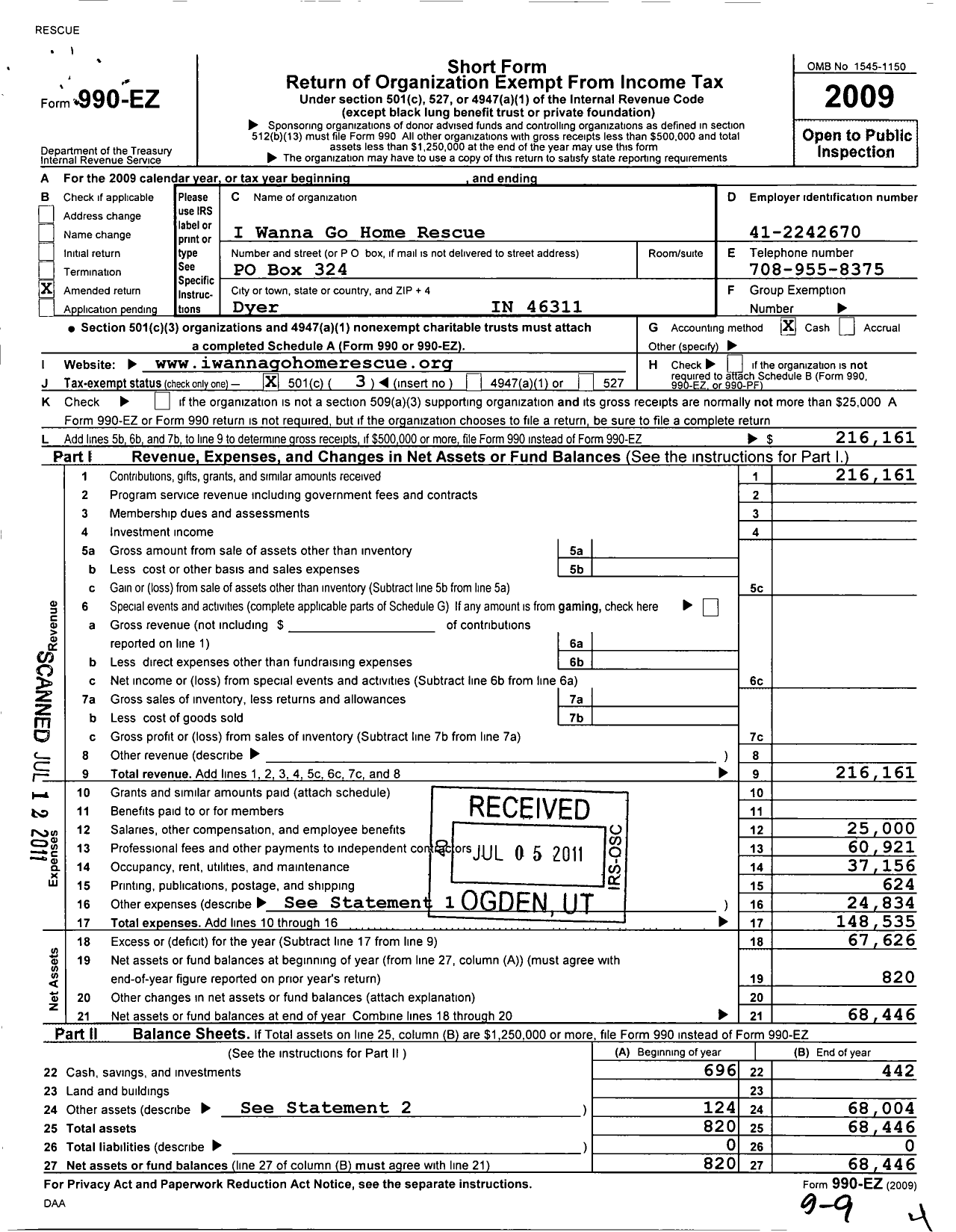 Image of first page of 2009 Form 990EZ for I Wanna Go Home Rescue