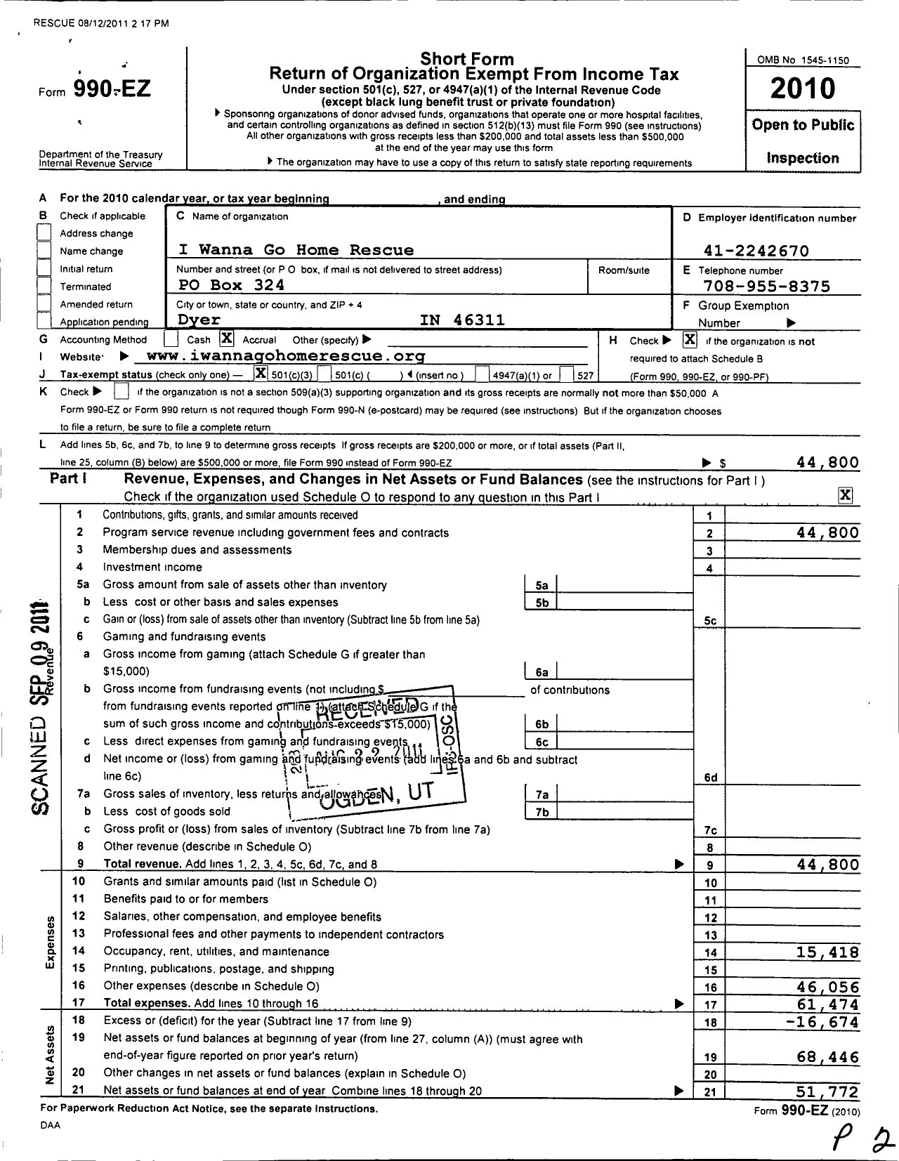 Image of first page of 2010 Form 990EZ for I Wanna Go Home Rescue