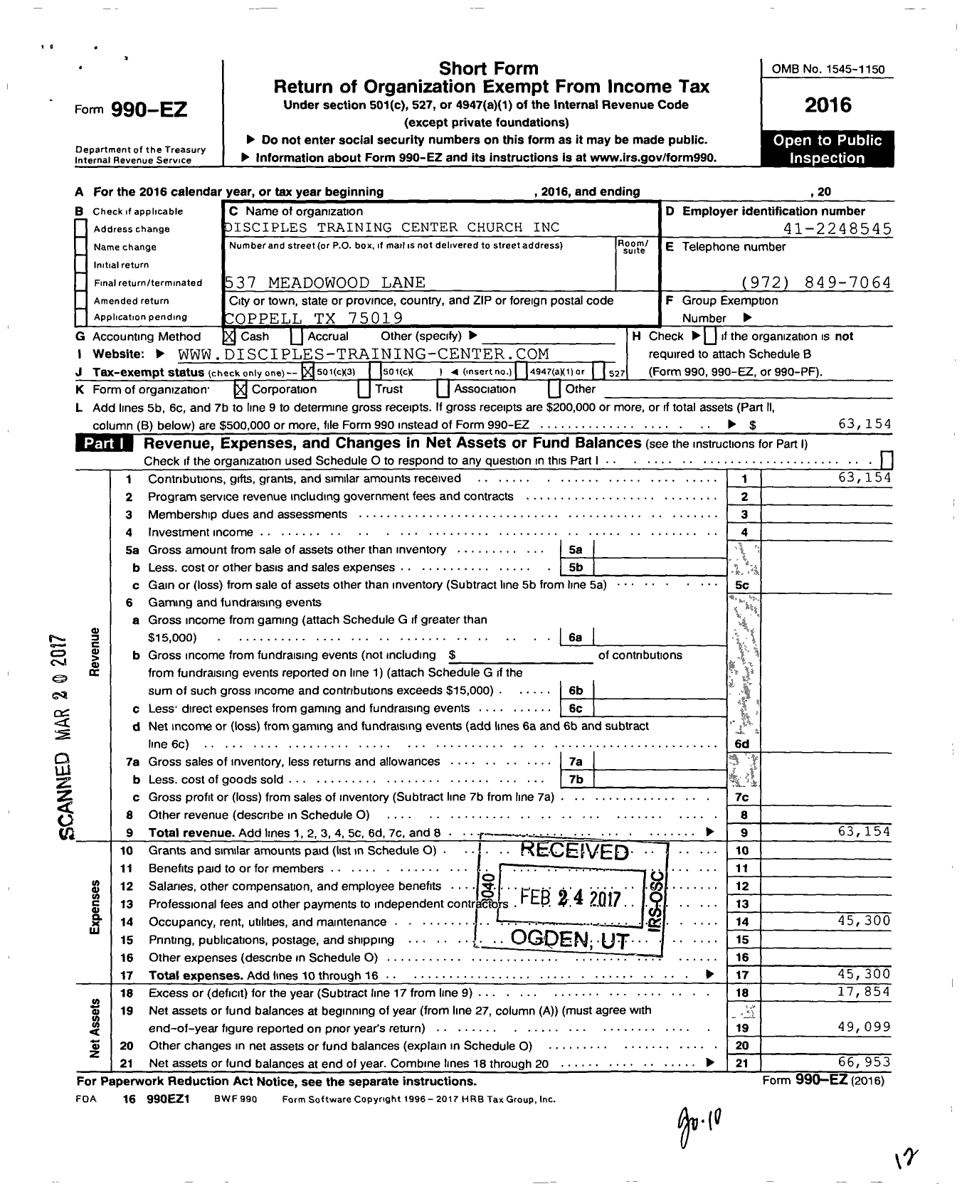 Image of first page of 2016 Form 990EZ for Disciples Training Center Church