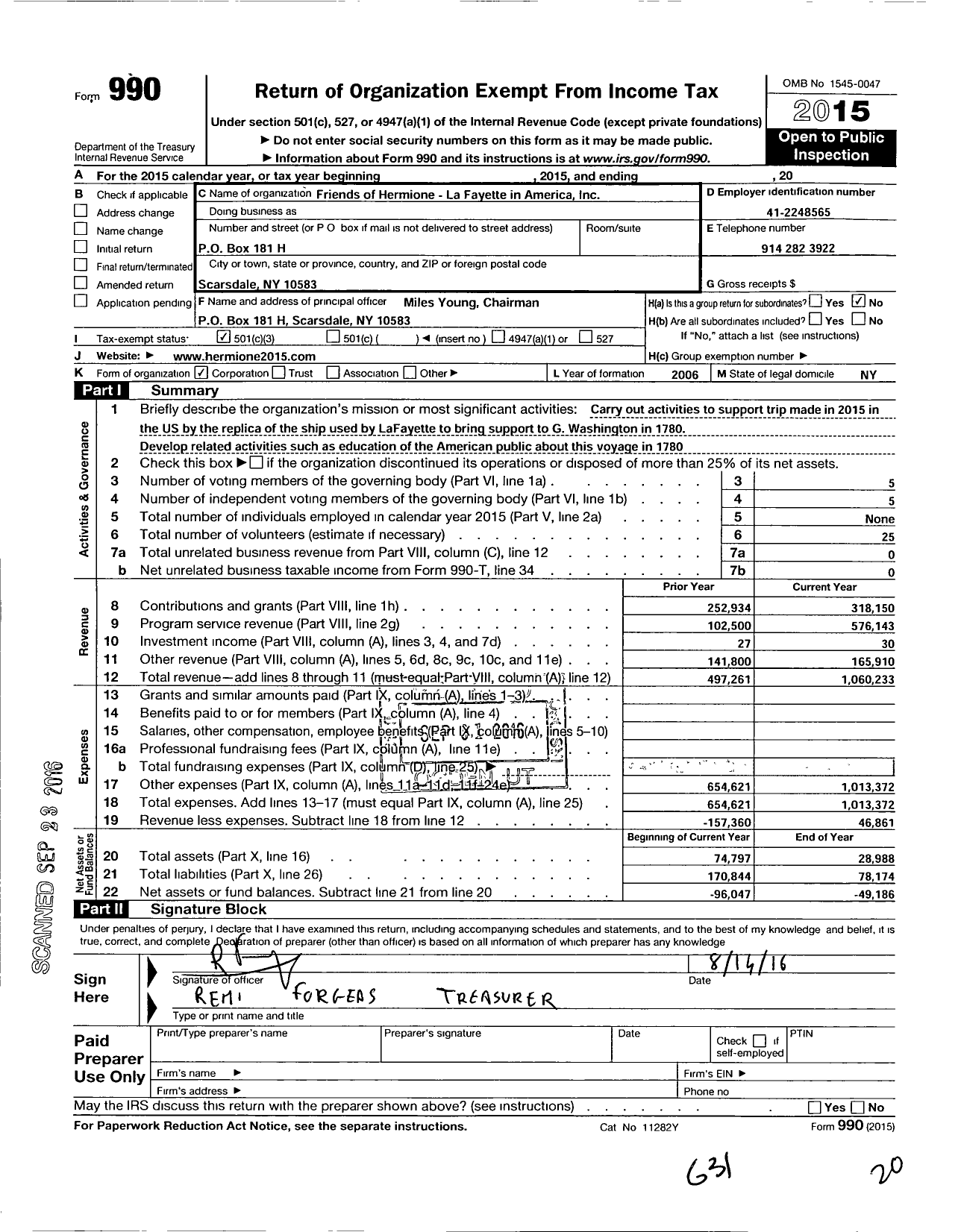 Image of first page of 2015 Form 990 for Friends of Hermione-La Fayette in America