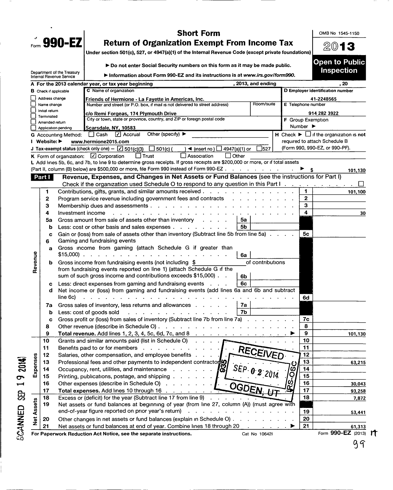 Image of first page of 2013 Form 990EZ for Friends of Hermione-La Fayette in America