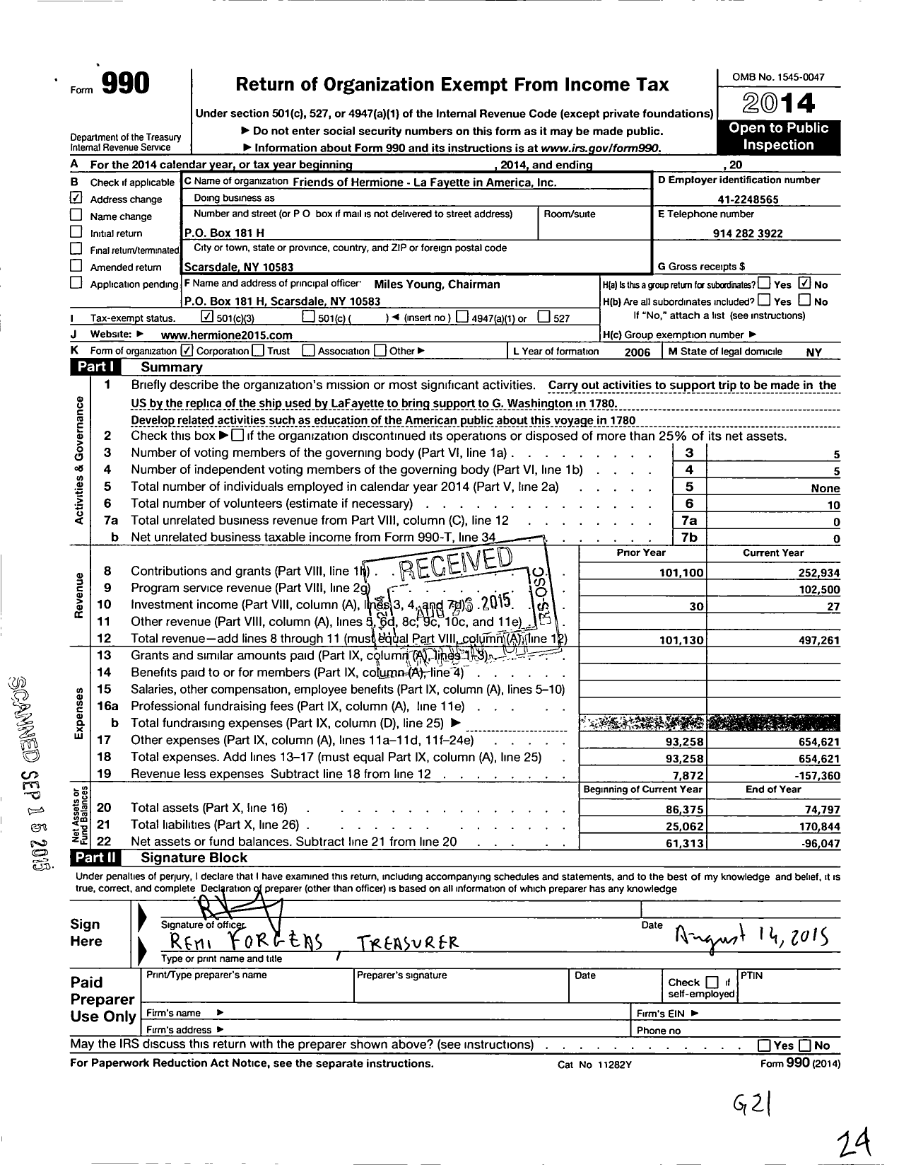 Image of first page of 2014 Form 990 for Friends of Hermione-La Fayette in America