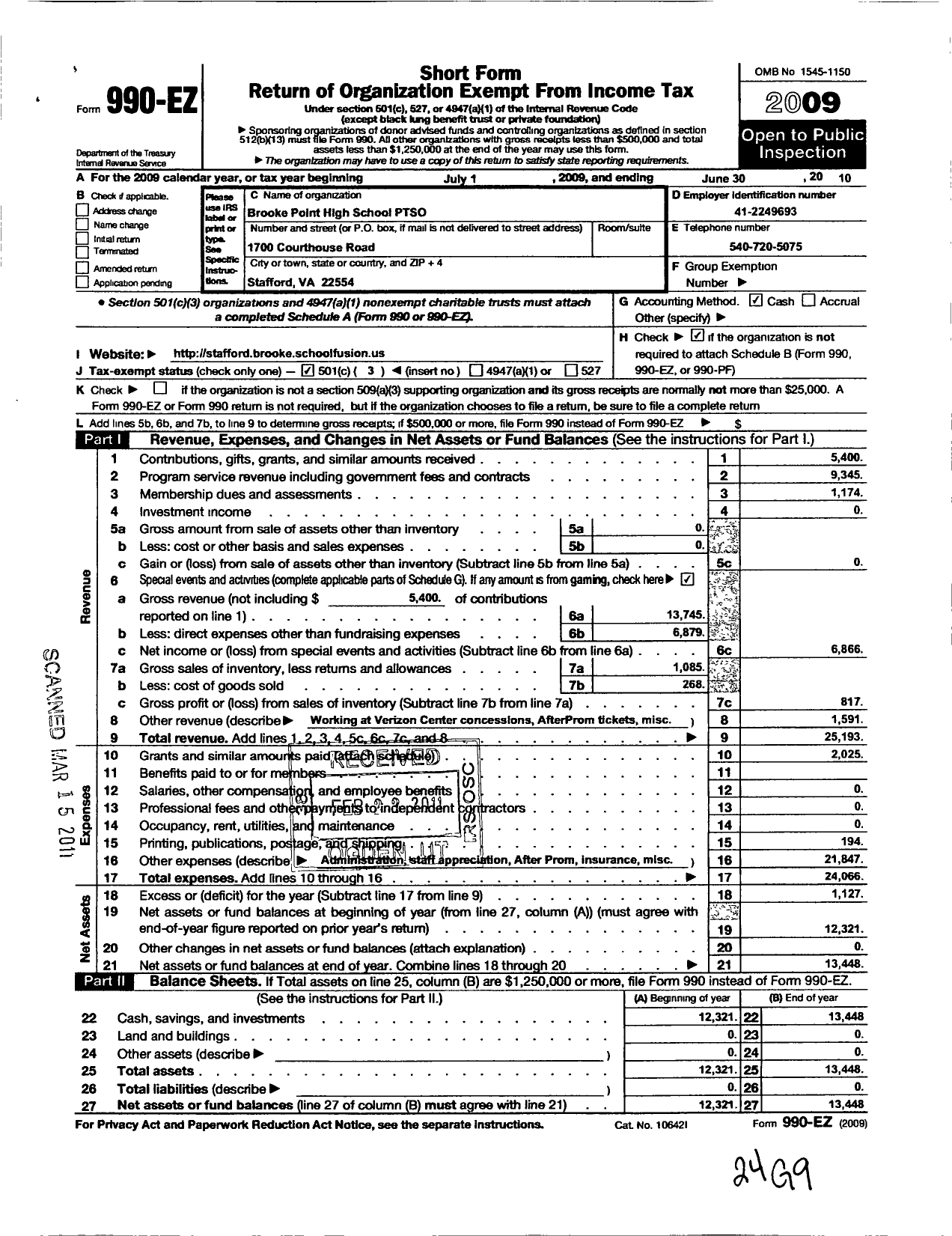 Image of first page of 2009 Form 990EZ for Brooke Point High School Ptso