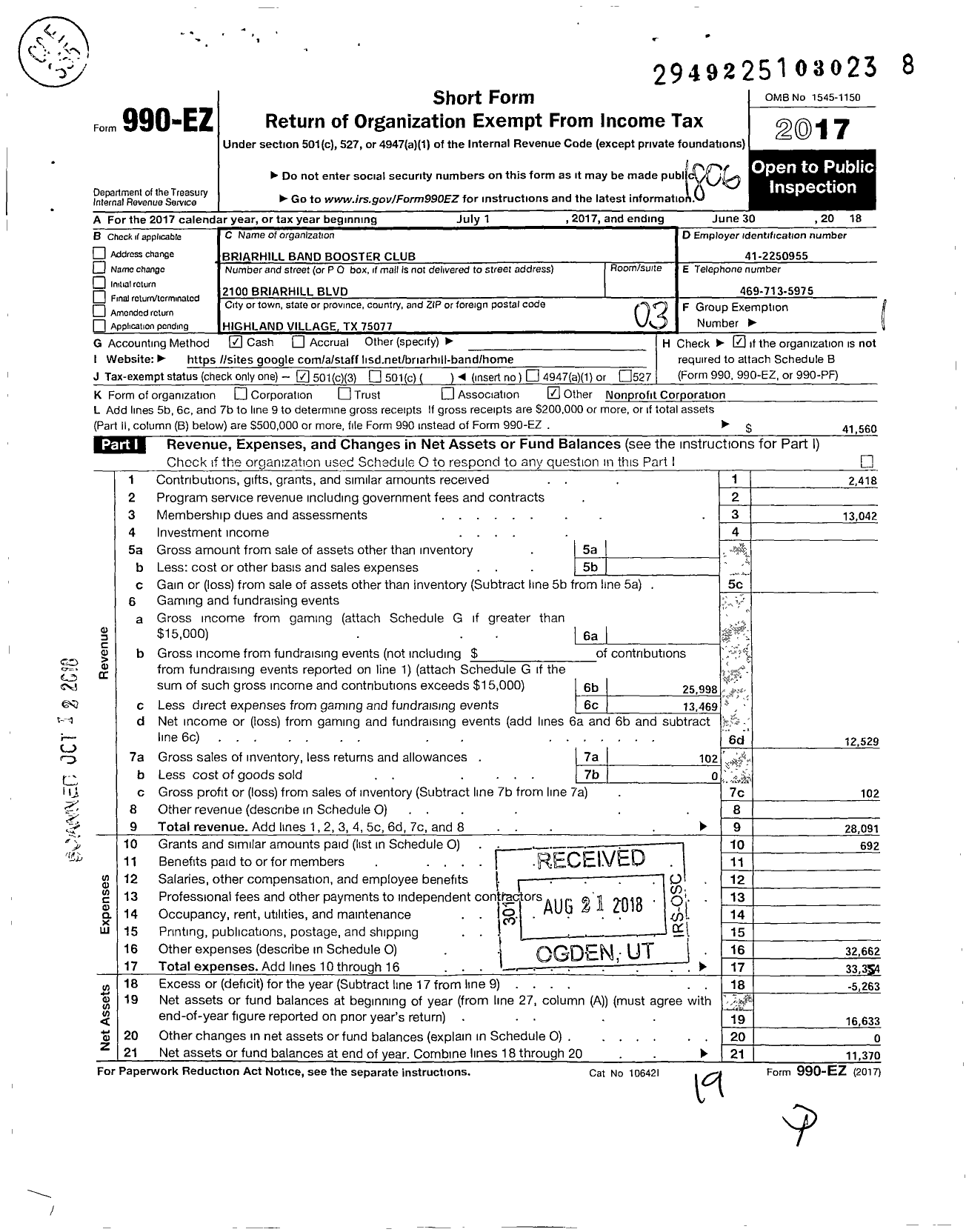 Image of first page of 2017 Form 990EZ for Briarhill Band Booster Club