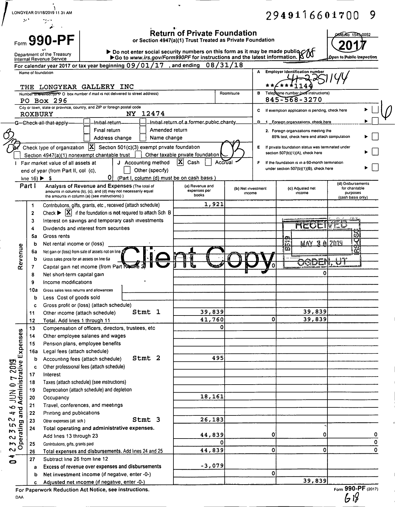 Image of first page of 2017 Form 990PF for The Longyear Gallery