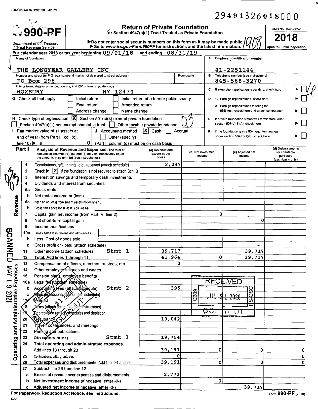 Image of first page of 2018 Form 990PF for The Longyear Gallery