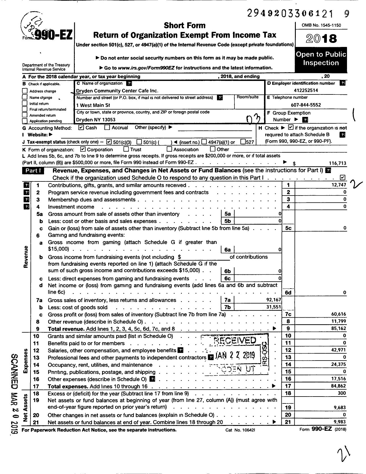 Image of first page of 2018 Form 990EZ for Dryden Community Center Cafe