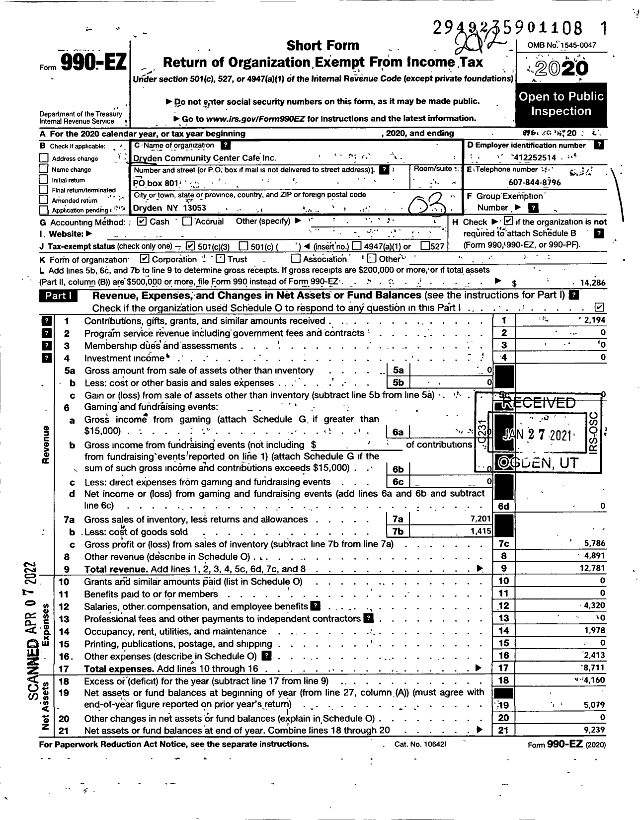 Image of first page of 2020 Form 990EZ for Dryden Community Center Cafe