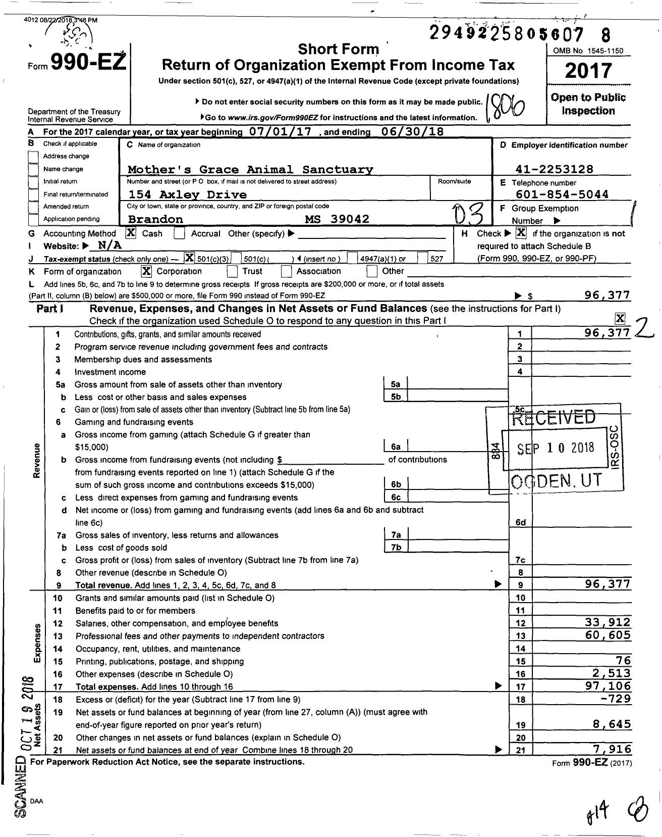 Image of first page of 2017 Form 990EZ for Mother's Grace Animal Sanctuary