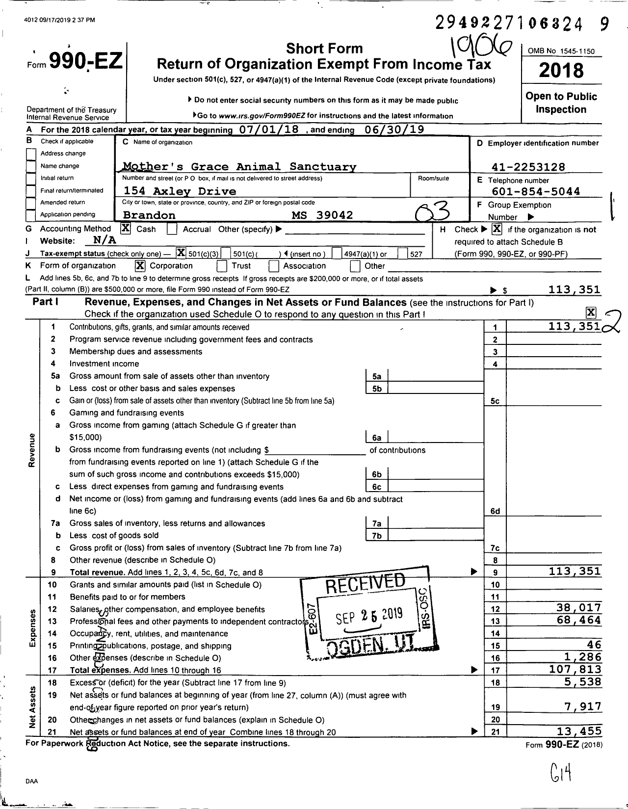 Image of first page of 2018 Form 990EZ for Mother's Grace Animal Sanctuary