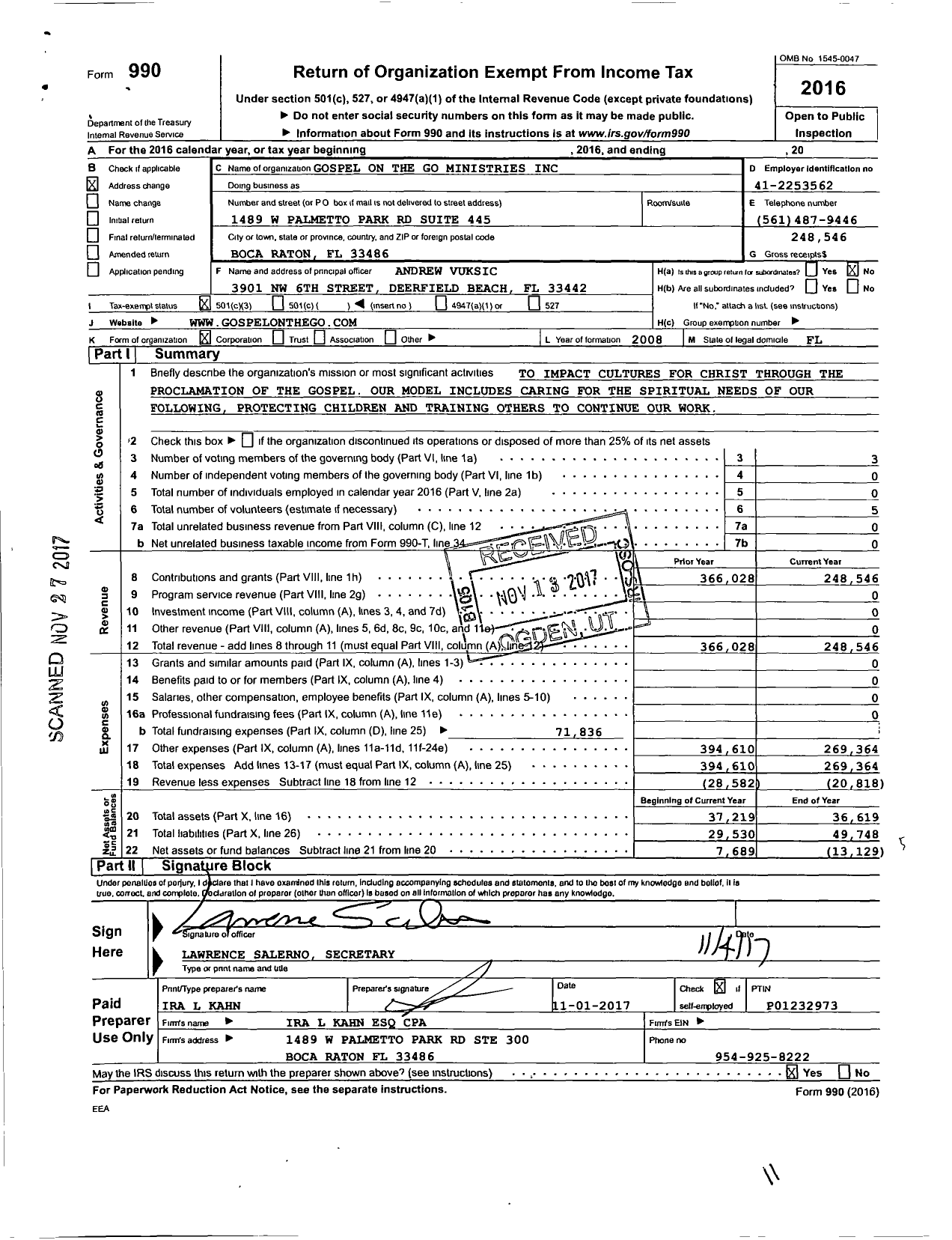 Image of first page of 2016 Form 990 for Gospel on the Go Ministries