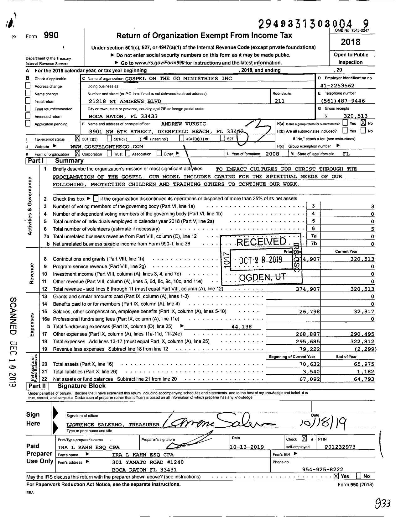 Image of first page of 2018 Form 990 for Gospel on the Go Ministries