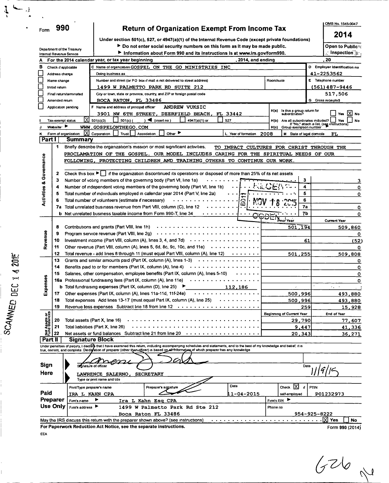 Image of first page of 2014 Form 990 for Gospel on the Go Ministries