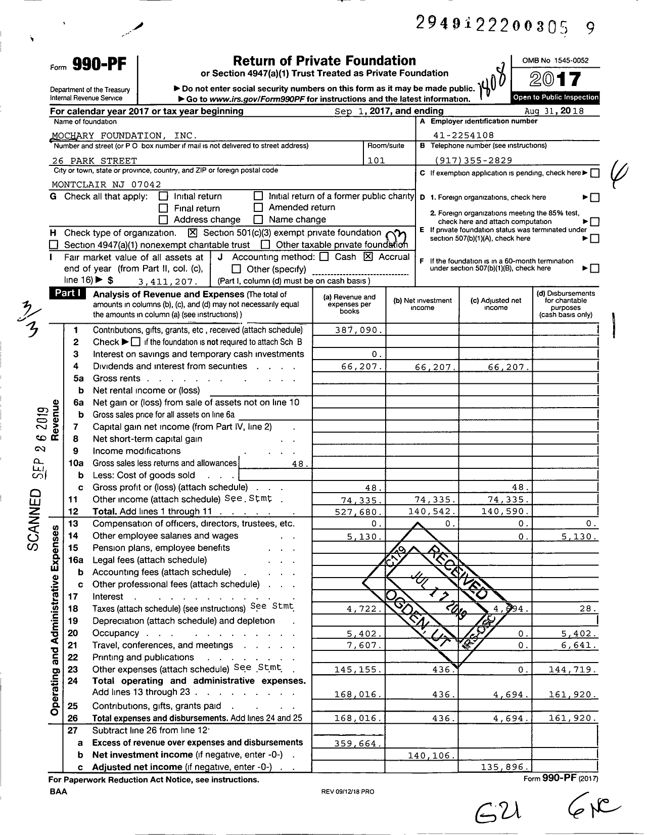 Image of first page of 2017 Form 990PF for Mochary Foundation