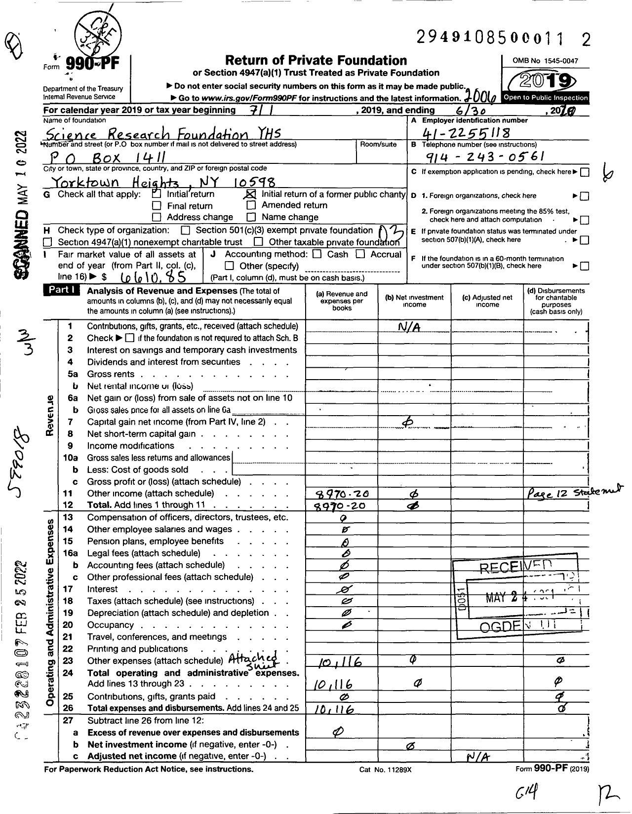 Image of first page of 2019 Form 990PF for Science Research Foundation for Yorktown High School Students