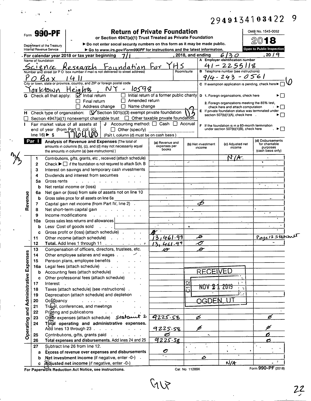 Image of first page of 2018 Form 990PF for Science Research Foundation for Yorktown High School Students