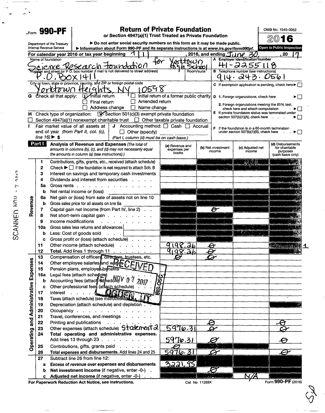 Image of first page of 2016 Form 990PF for Science Research Foundation for Yorktown High School Students