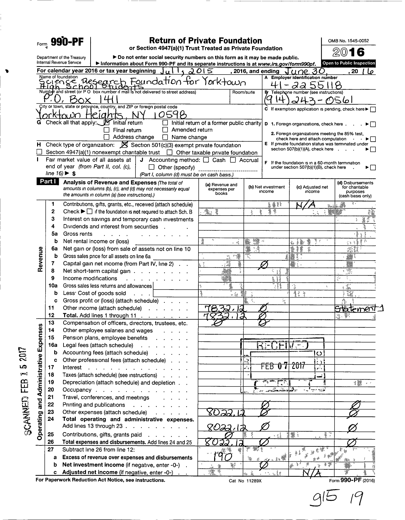 Image of first page of 2015 Form 990PF for Science Research Foundation for Yorktown High School Students