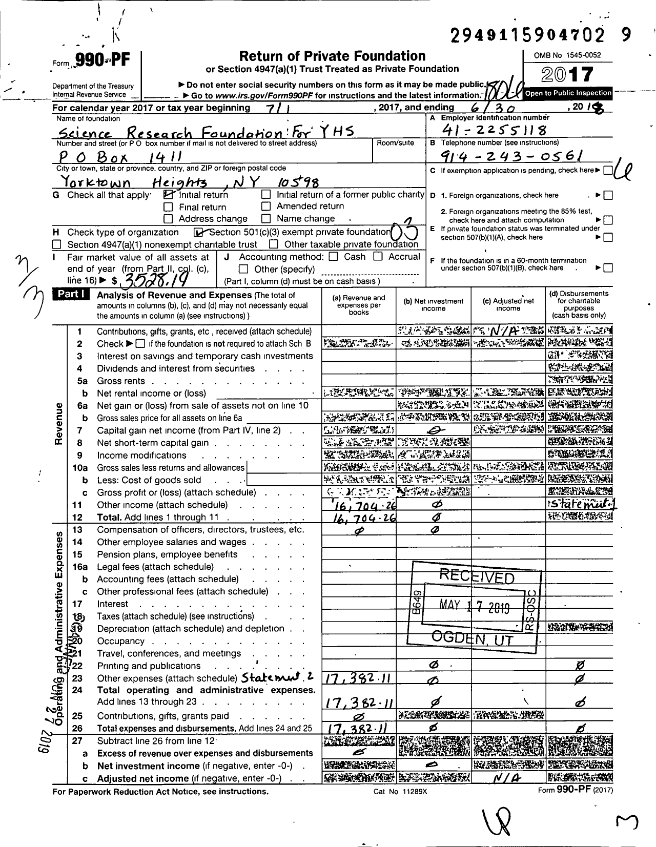 Image of first page of 2017 Form 990PF for Science Research Foundation for Yorktown High School Students