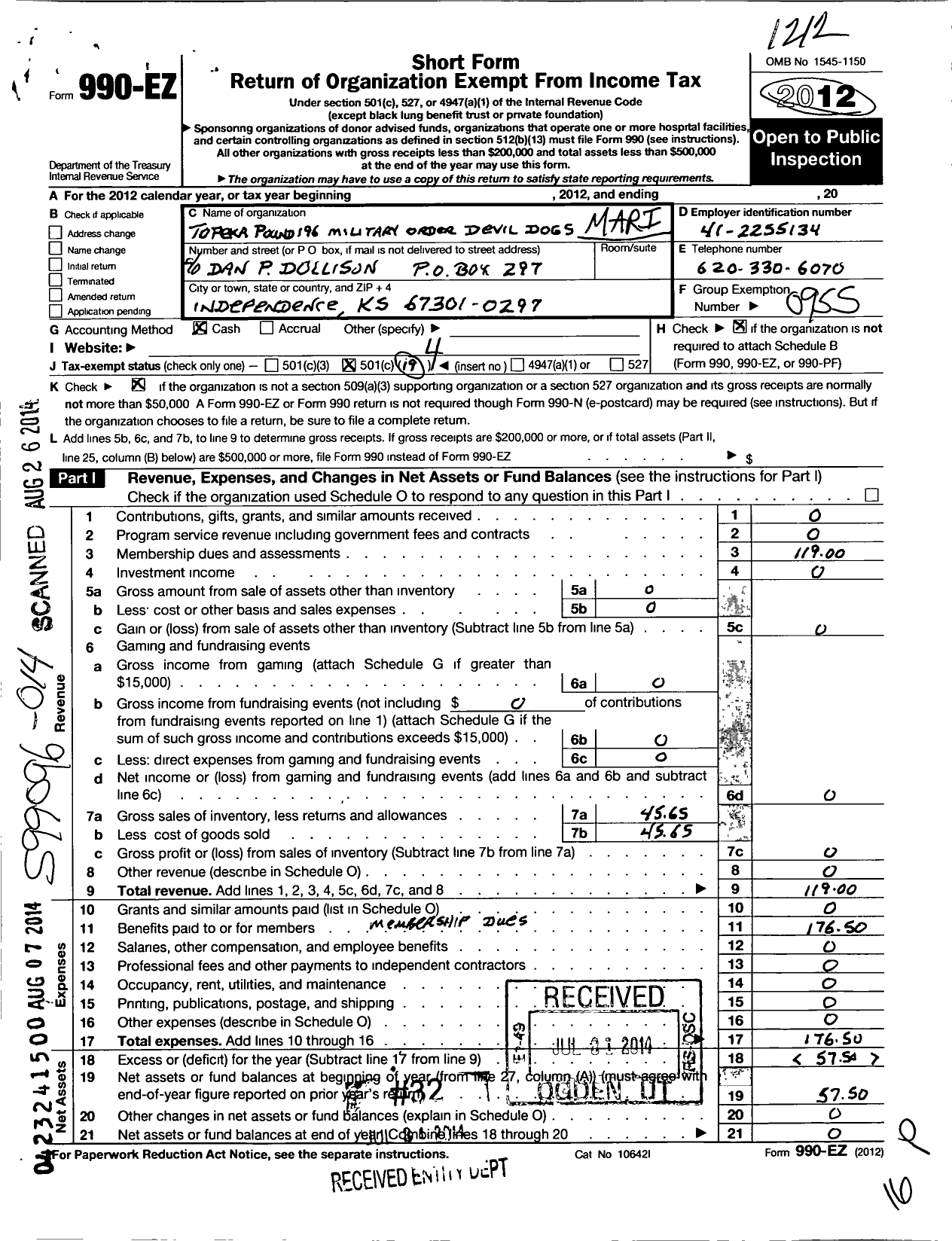 Image of first page of 2012 Form 990EO for Marine Corps League - 196 Topeka Pound Modd