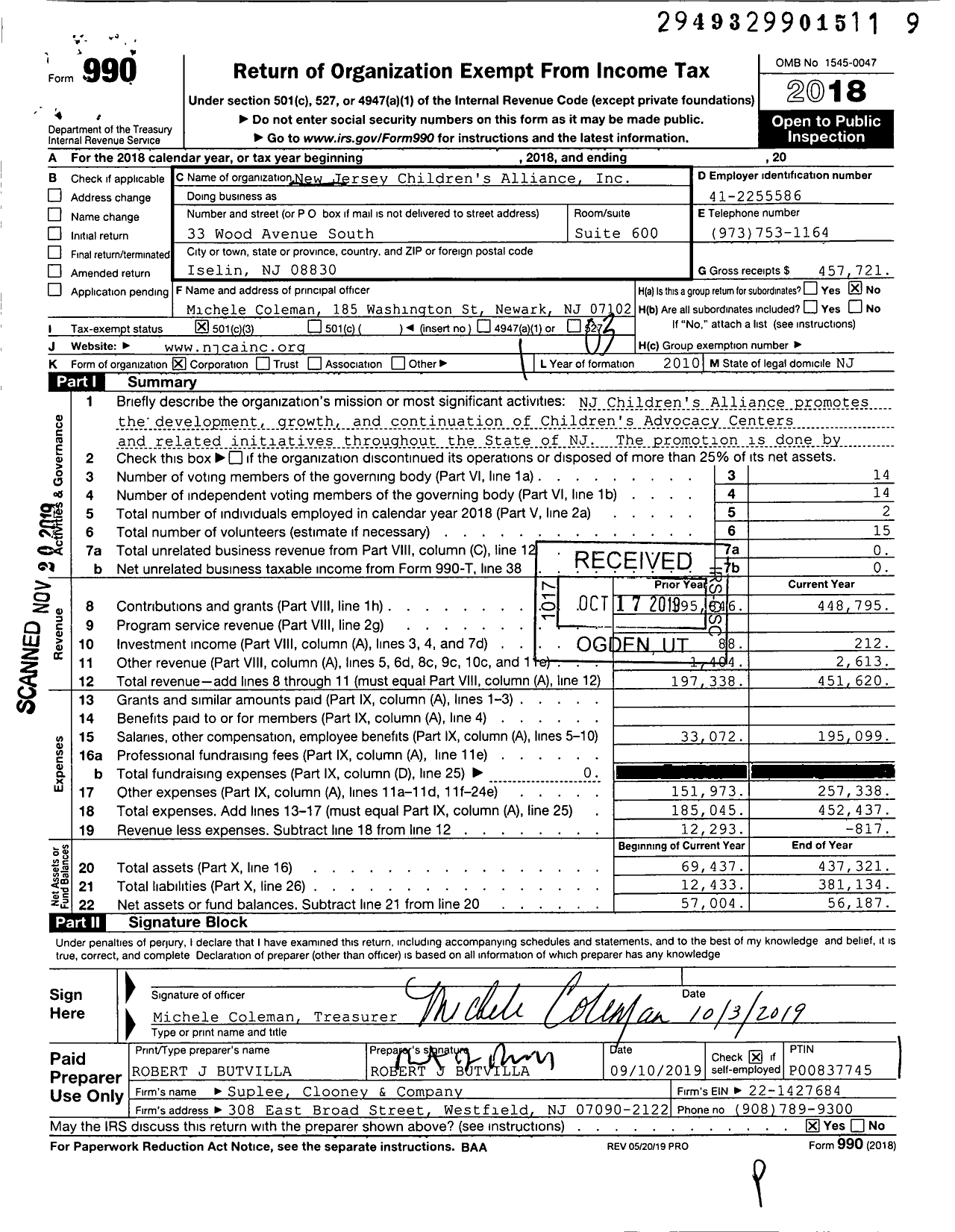 Image of first page of 2018 Form 990 for New Jersey Children's Alliance