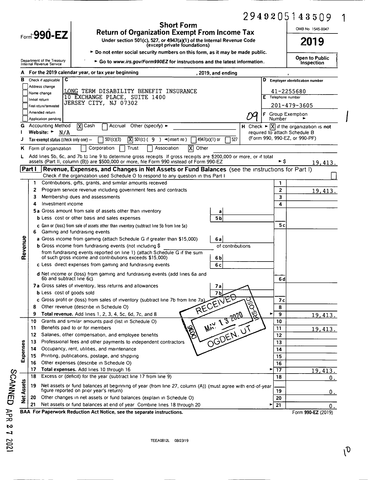 Image of first page of 2019 Form 990EO for Long Term Disability Benefit Insurance