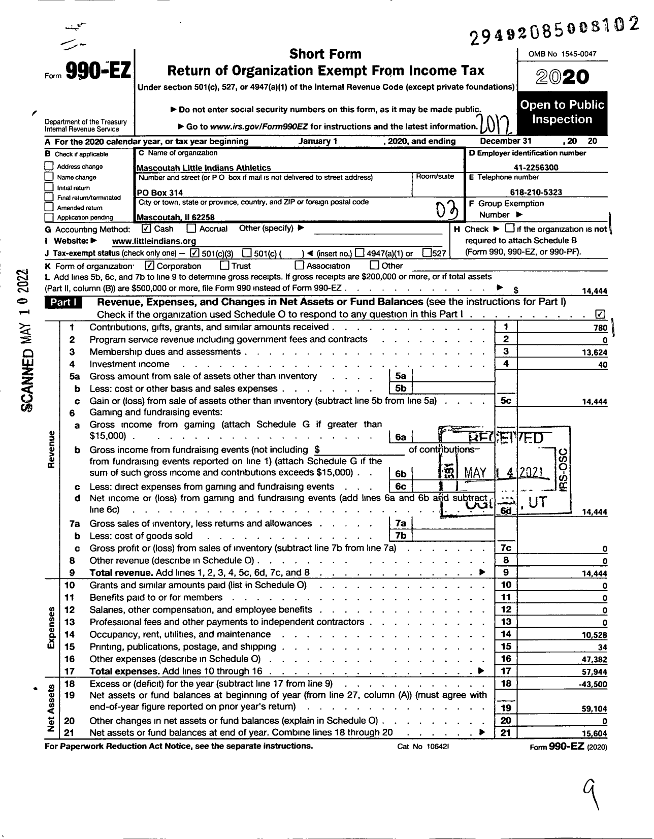 Image of first page of 2020 Form 990EZ for Mascoutah Little Indians Athletics