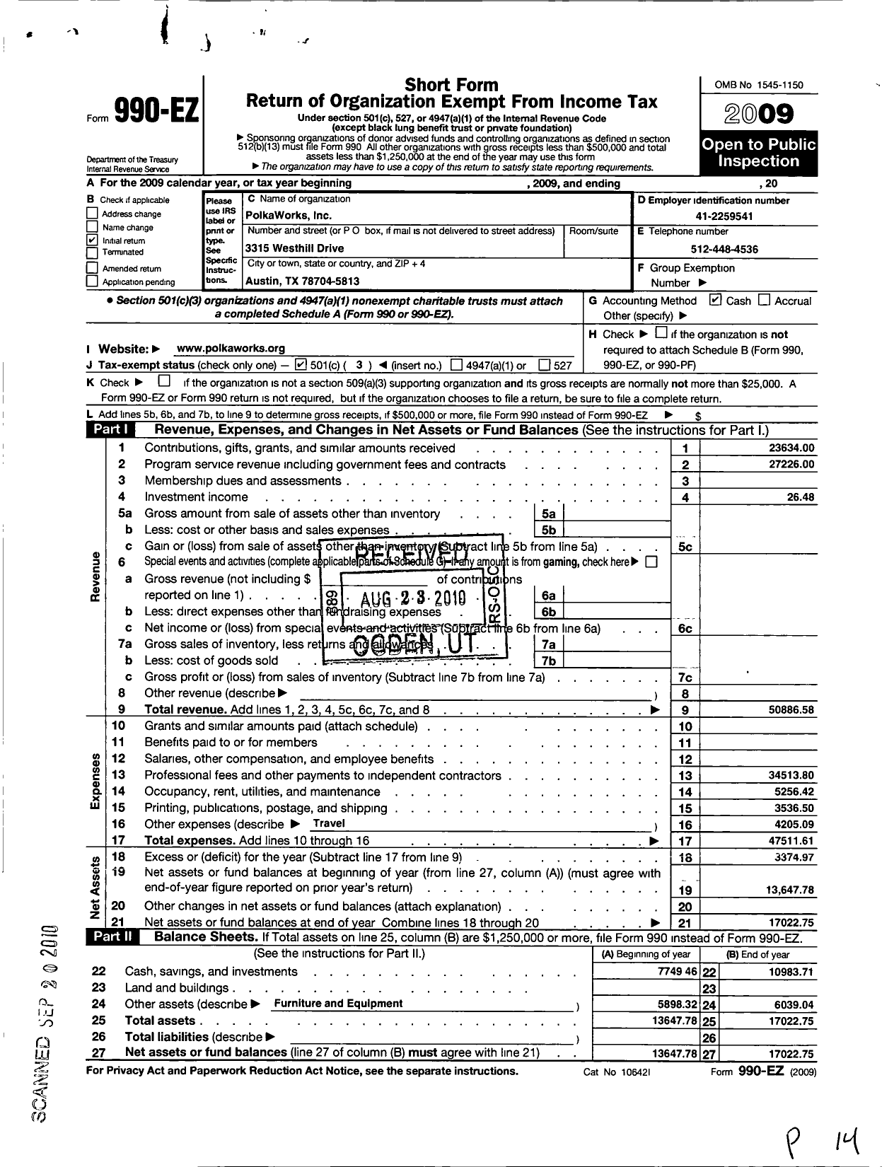 Image of first page of 2009 Form 990EZ for PolkaWorks