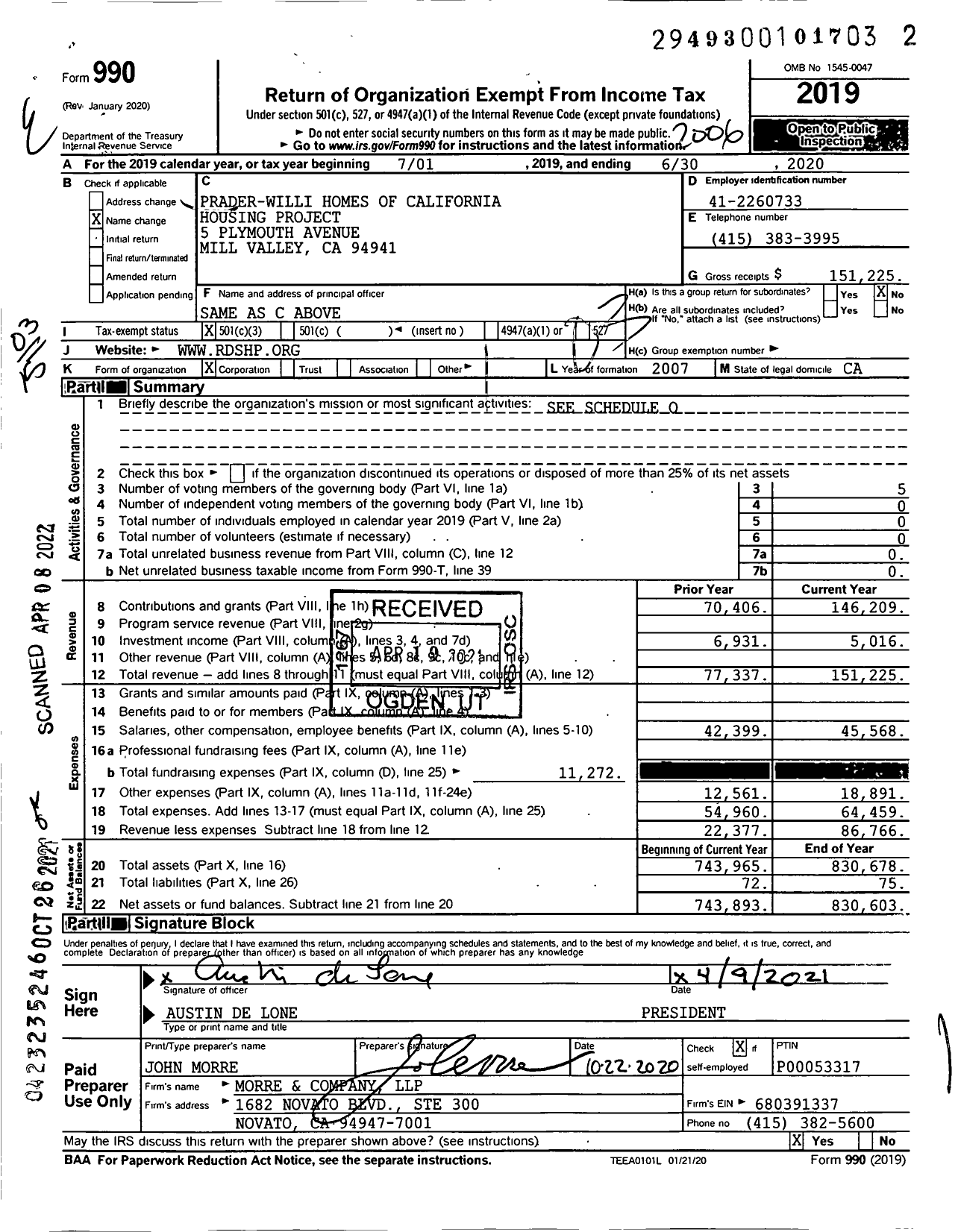 Image of first page of 2019 Form 990 for Prader-Willi Homes of California Housing Project