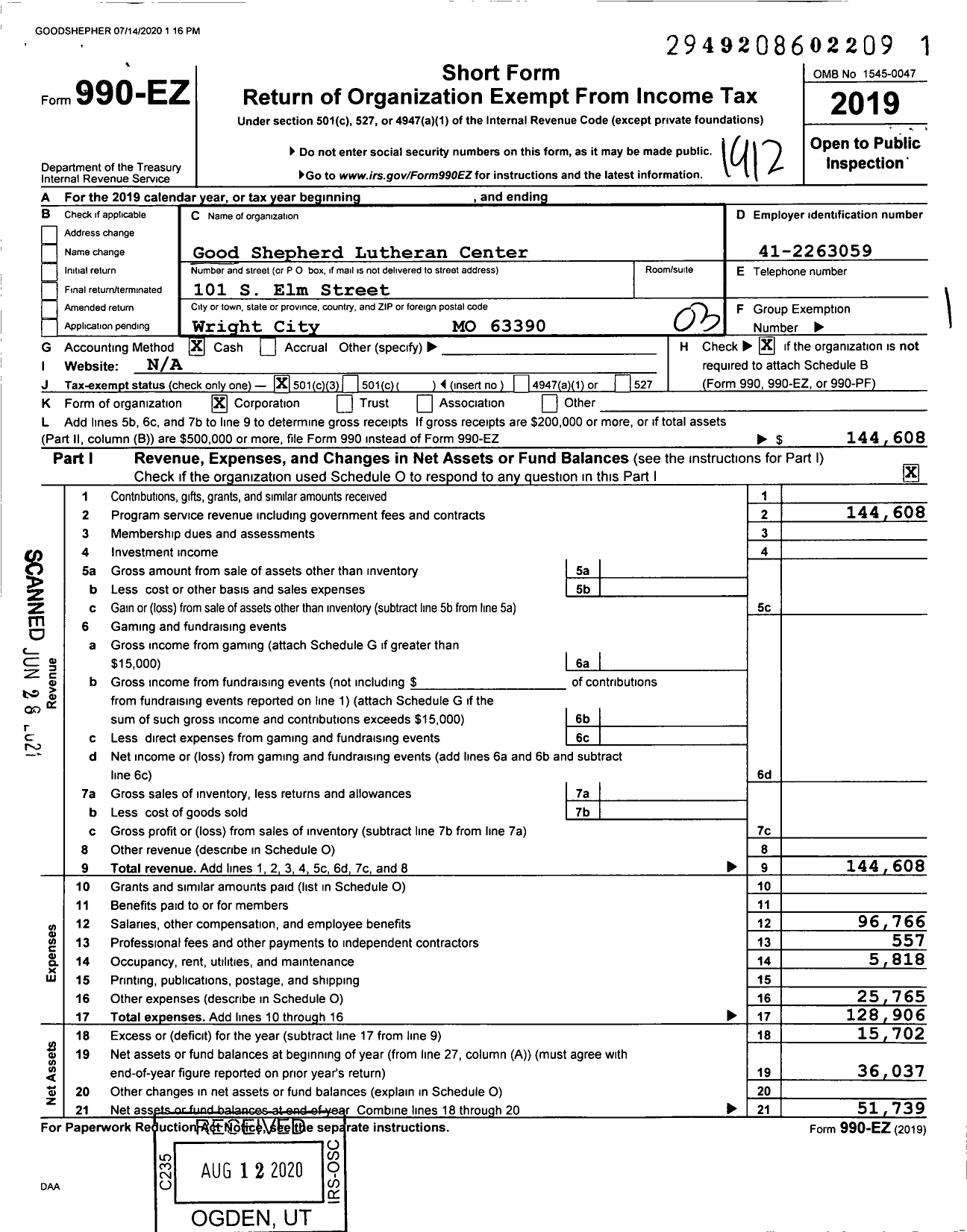 Image of first page of 2019 Form 990EZ for Good Shepherd Lutheran Center