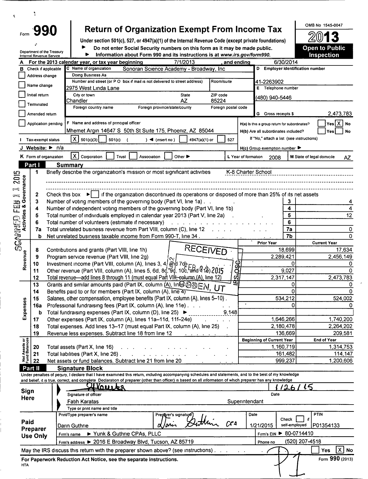 Image of first page of 2013 Form 990 for Sonoran Science Academy - Broadway