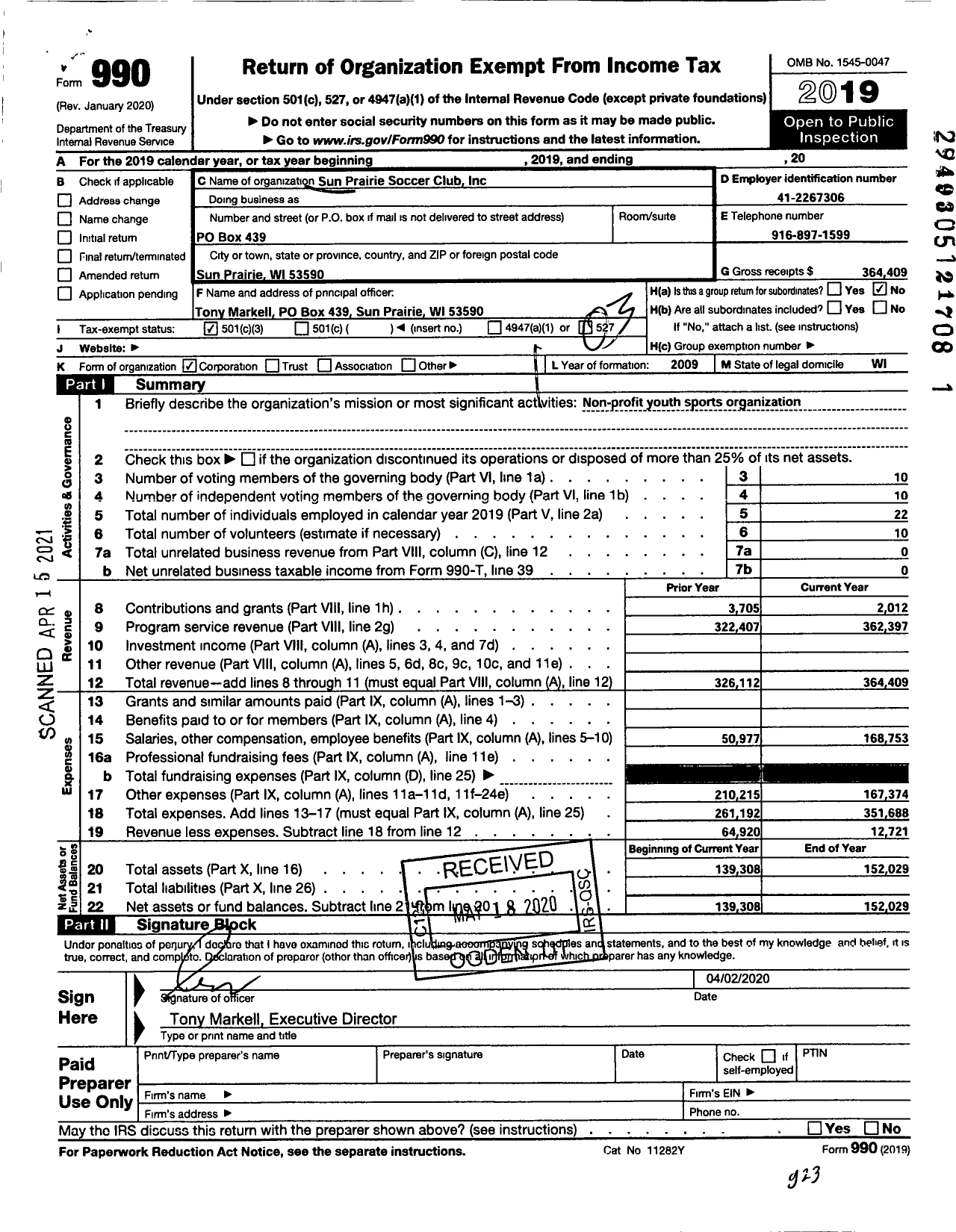 Image of first page of 2019 Form 990 for Sun Prairie Soccer Club