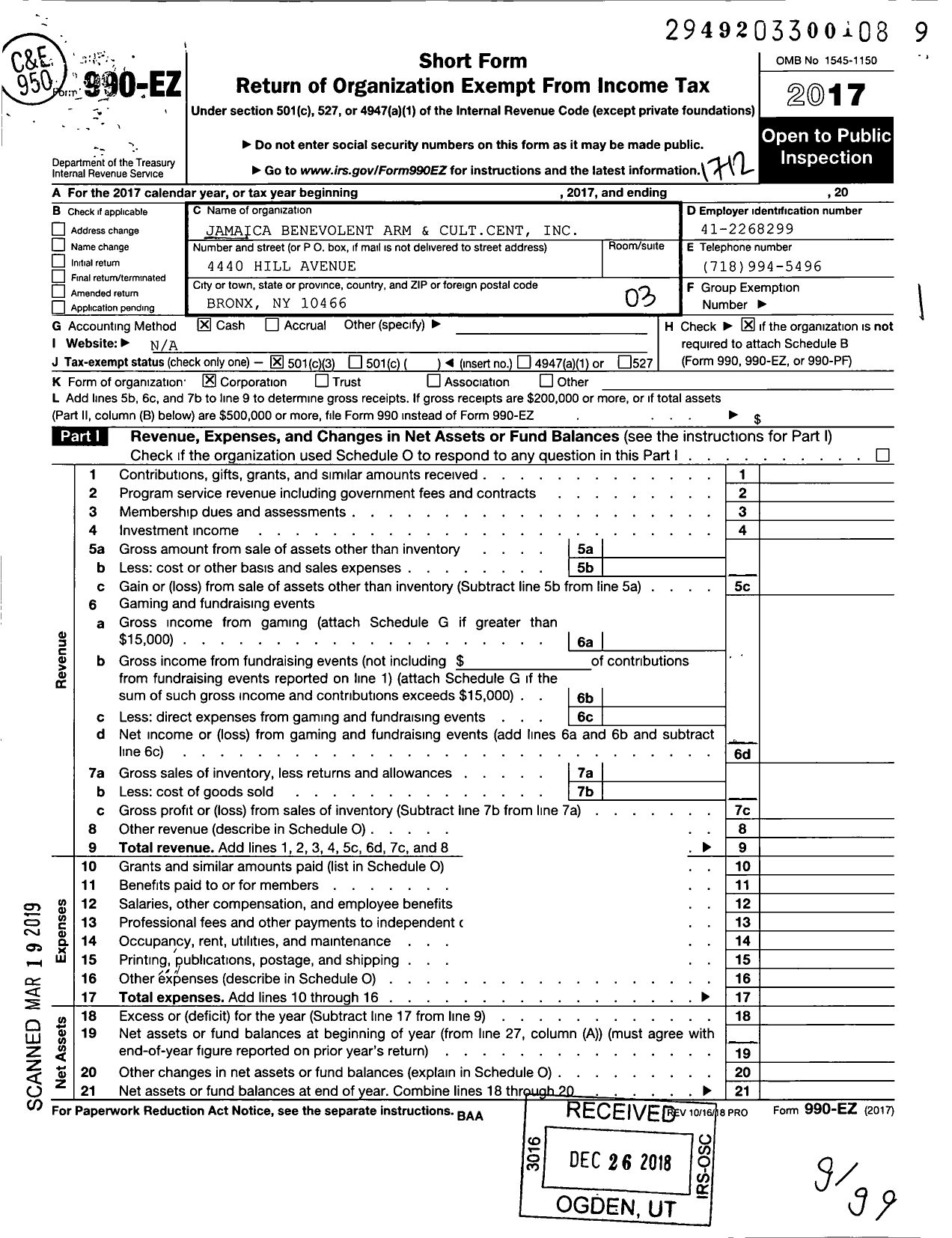 Image of first page of 2017 Form 990EZ for Jamaica Benevolent Arm and Cultcent Cent