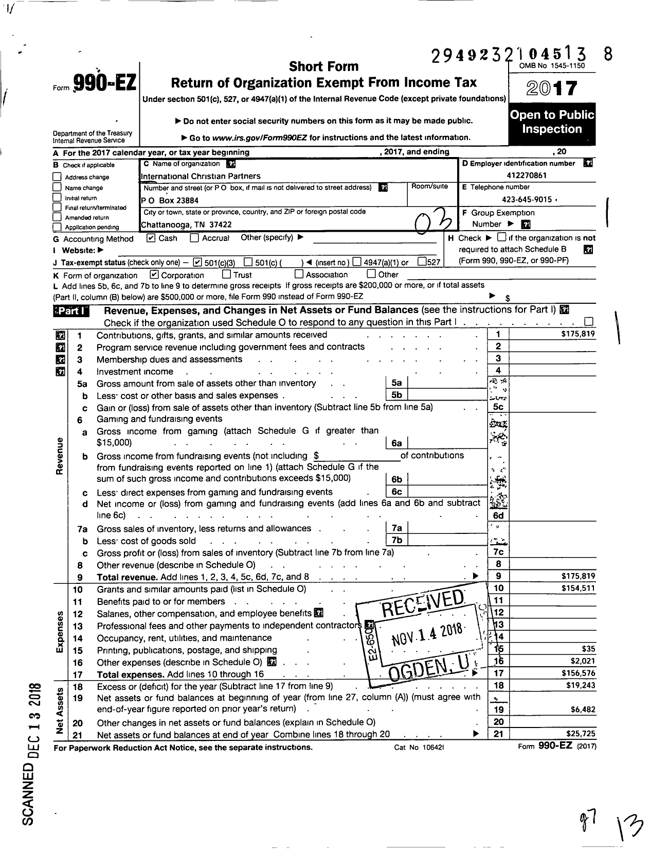 Image of first page of 2017 Form 990EZ for International Christian Partners