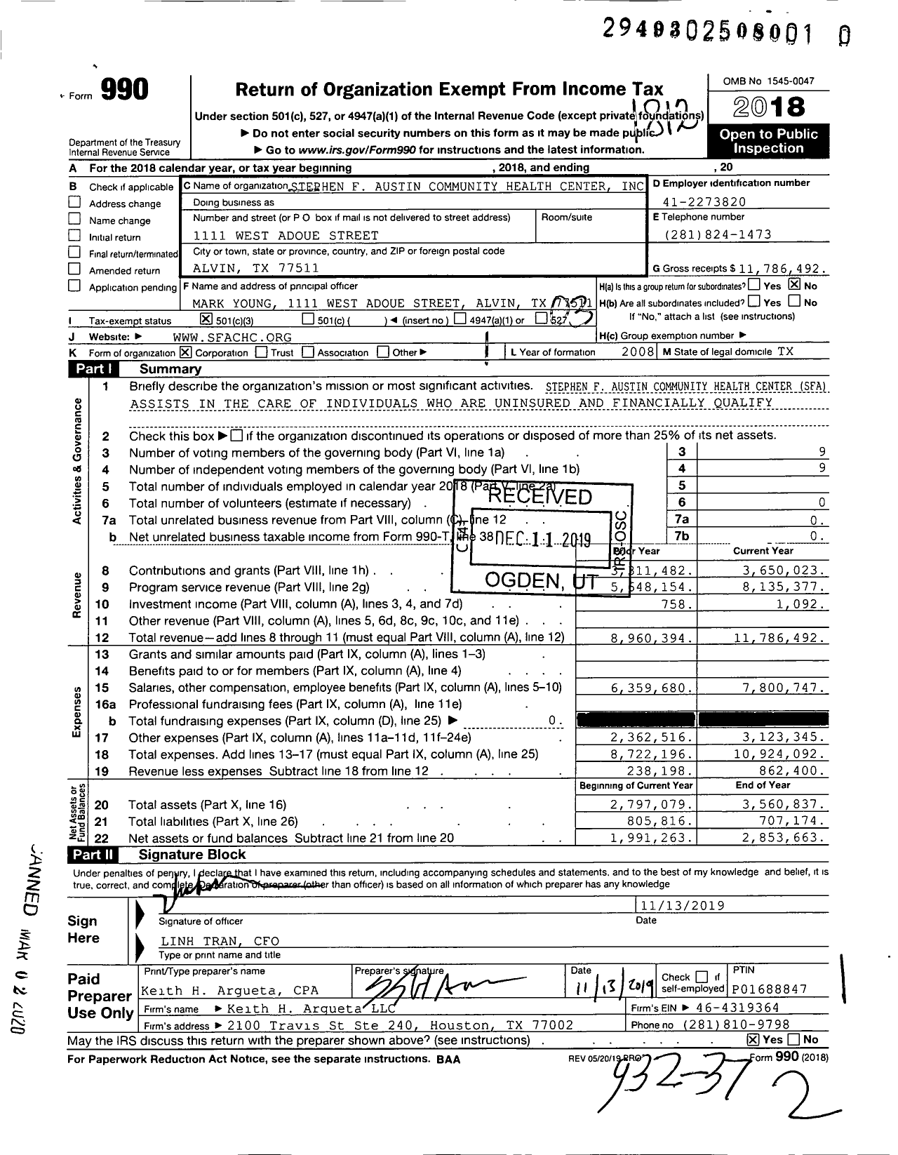 Image of first page of 2018 Form 990 for Stephen F Austin Community Health Center