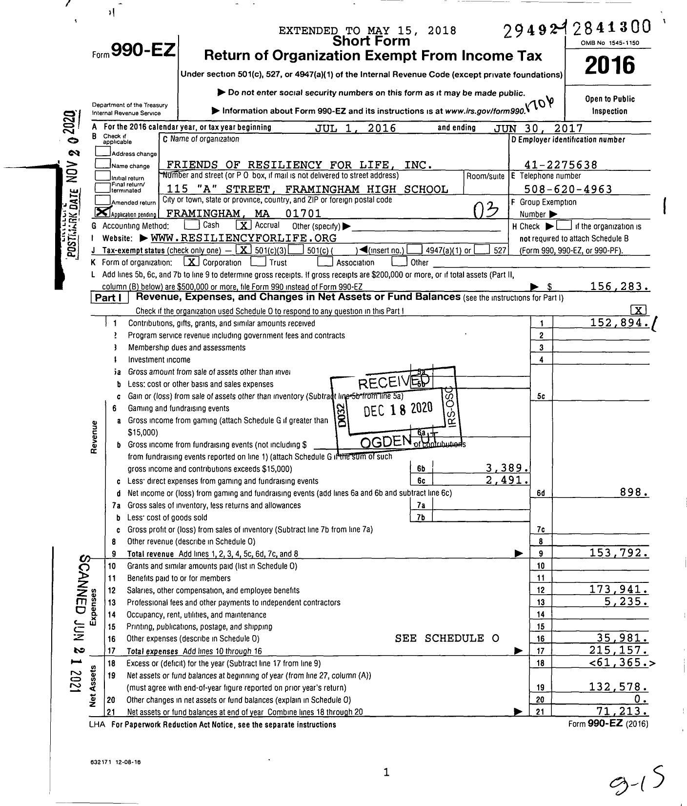 Image of first page of 2016 Form 990EZ for Friends of Resiliency for Life