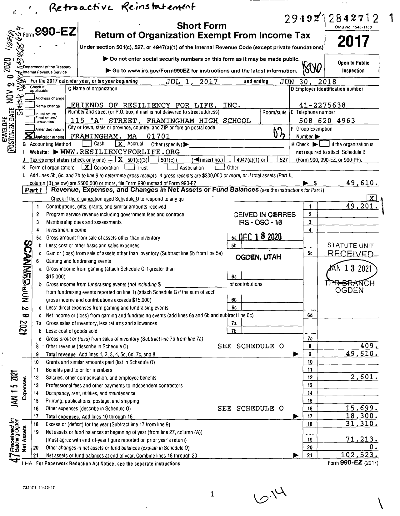 Image of first page of 2017 Form 990EZ for Friends of Resiliency for Life