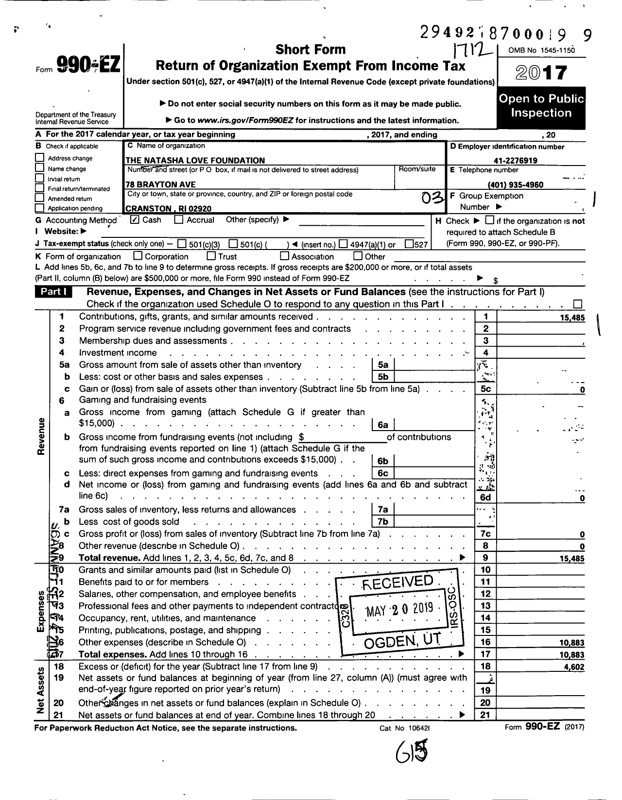 Image of first page of 2017 Form 990EZ for The Natasha Love Foundation